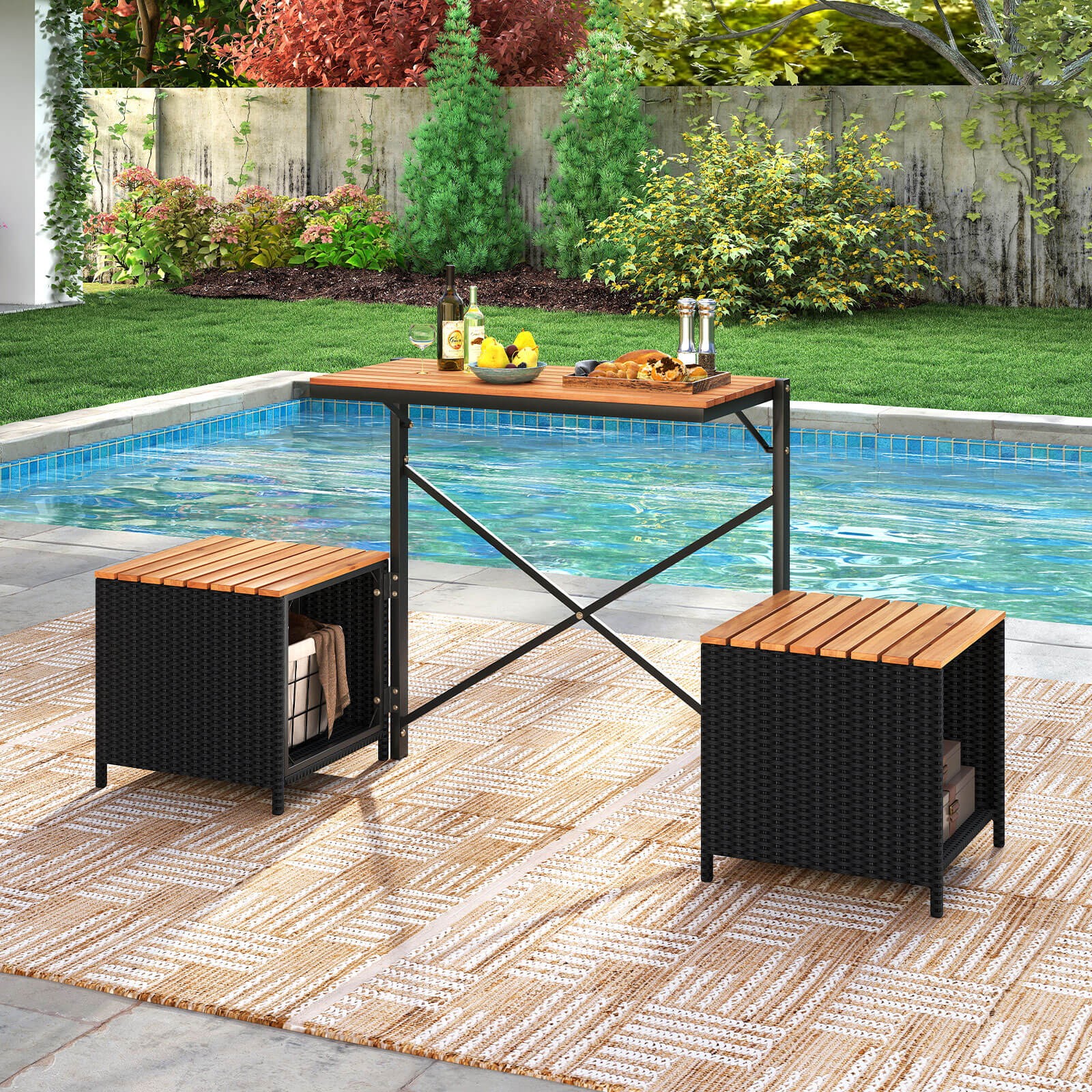 2-in-1 Outdoor Convertible Bench w/Metal Frame PE Rattan Table and Chairs Set