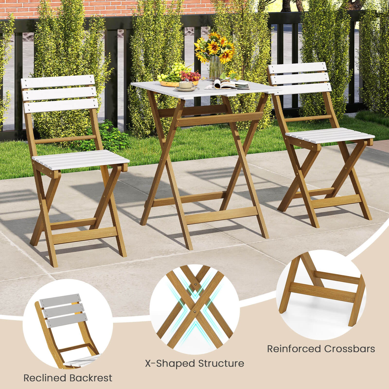 3PCS Folding Patio Bistro Set w/Slatted Design Small Outdoor Furniture Set
