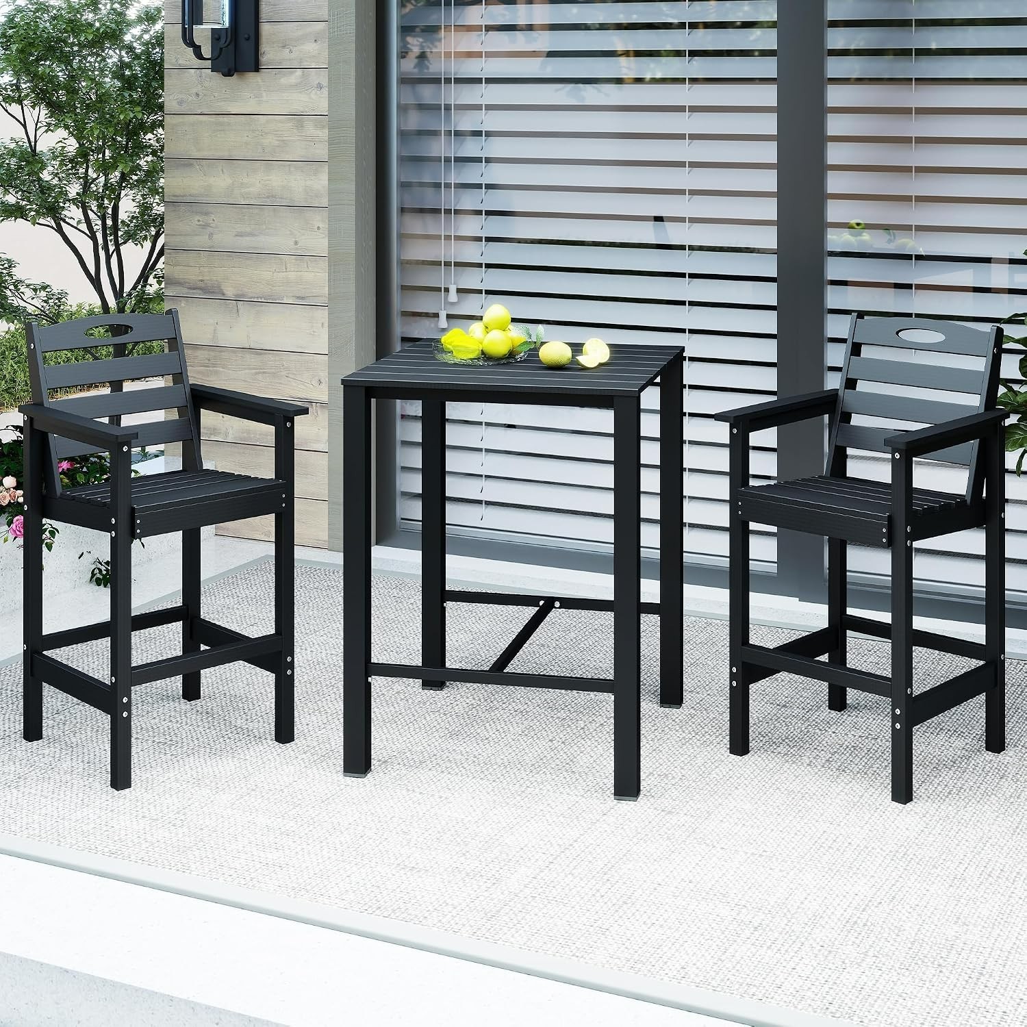 Domi 3Pcs HDPE Adirondack Patio Bar Set(1Table+2Chair)for Balcony,Backyard,Black