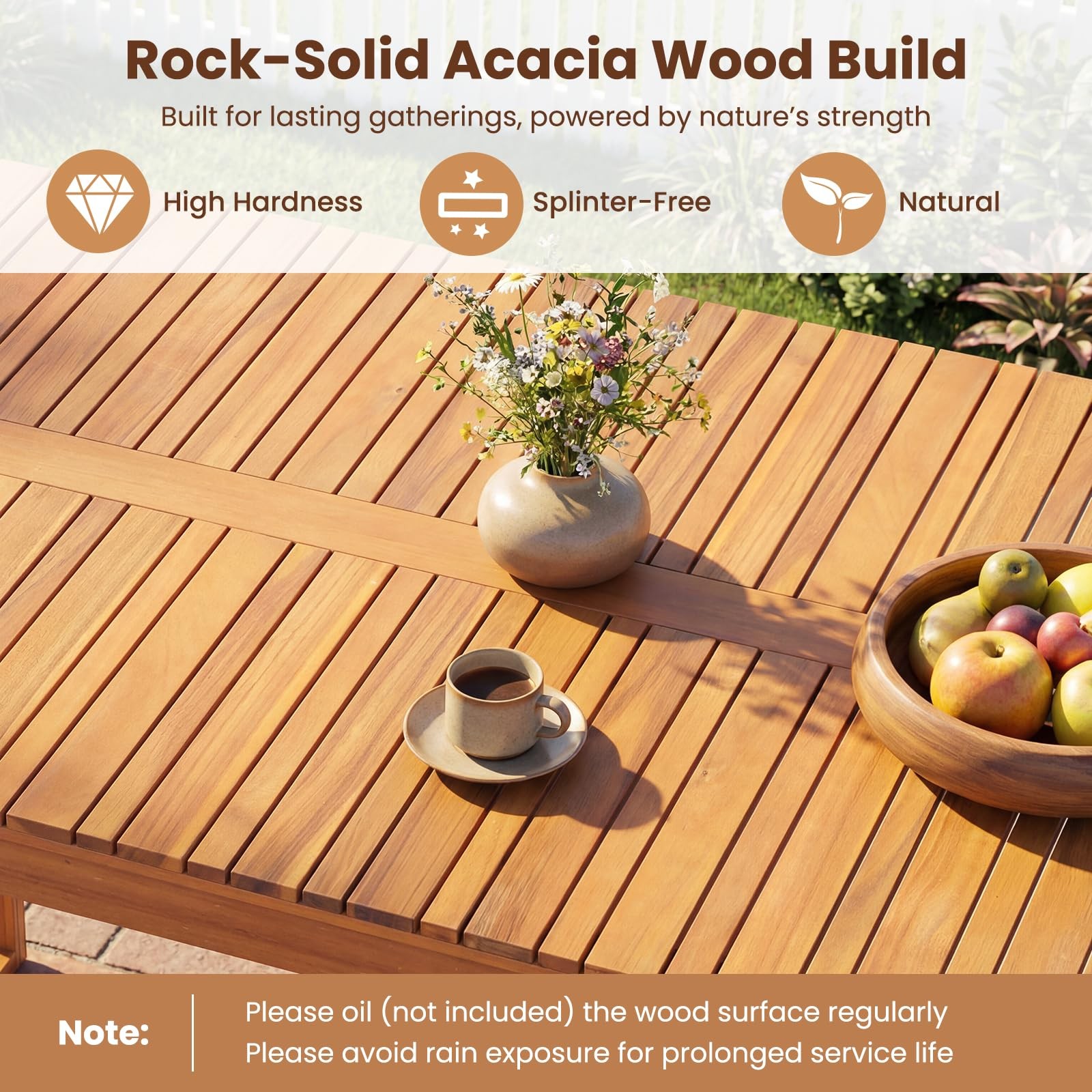 Tangkula 3 Pieces Patio Wooden Dining Set, Acacia Wood Rectangular Picnic Bee…