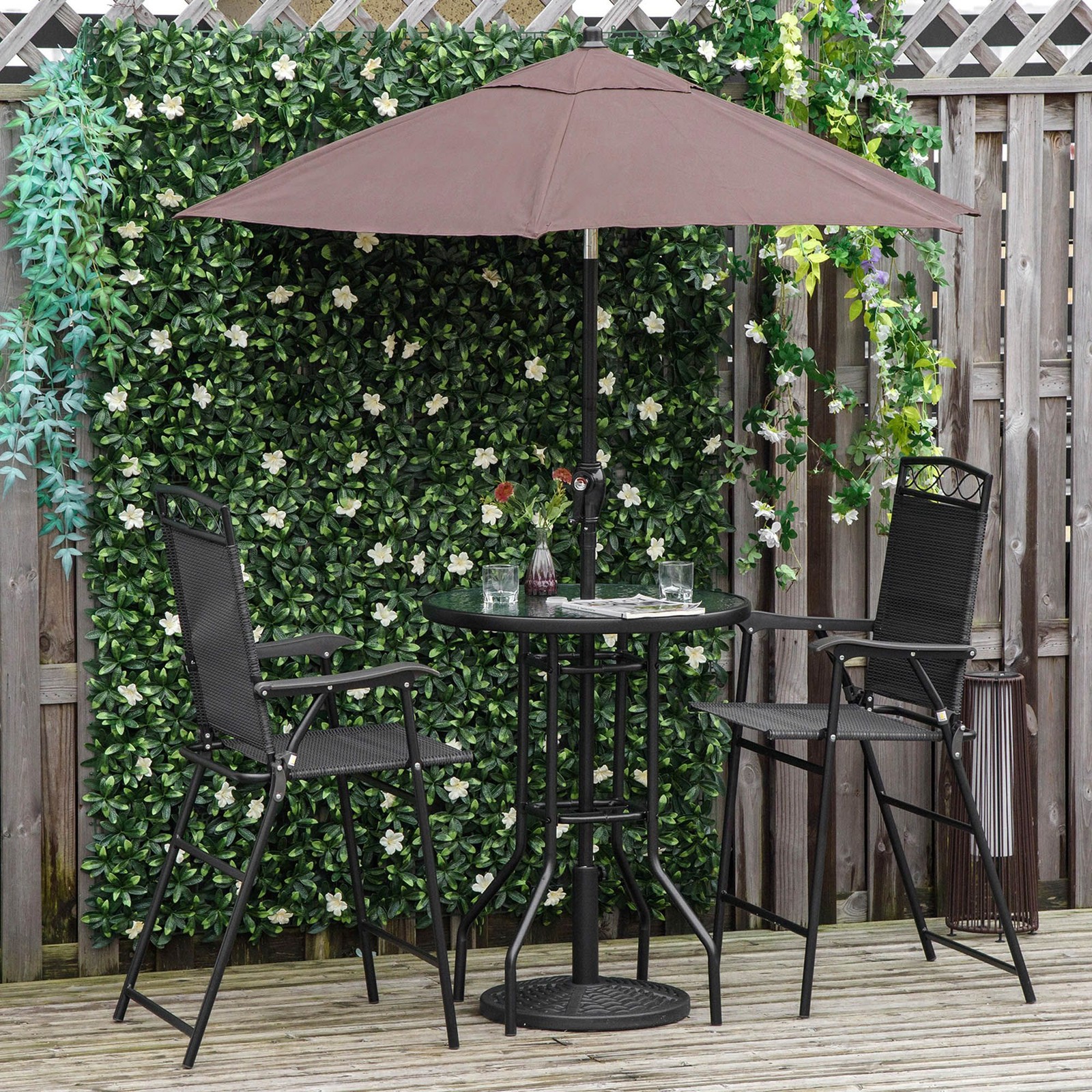 Steel Patio Bar Set: 2 Folding Chairs, 27.5″ Glass Table, Adjustable Umbrella
