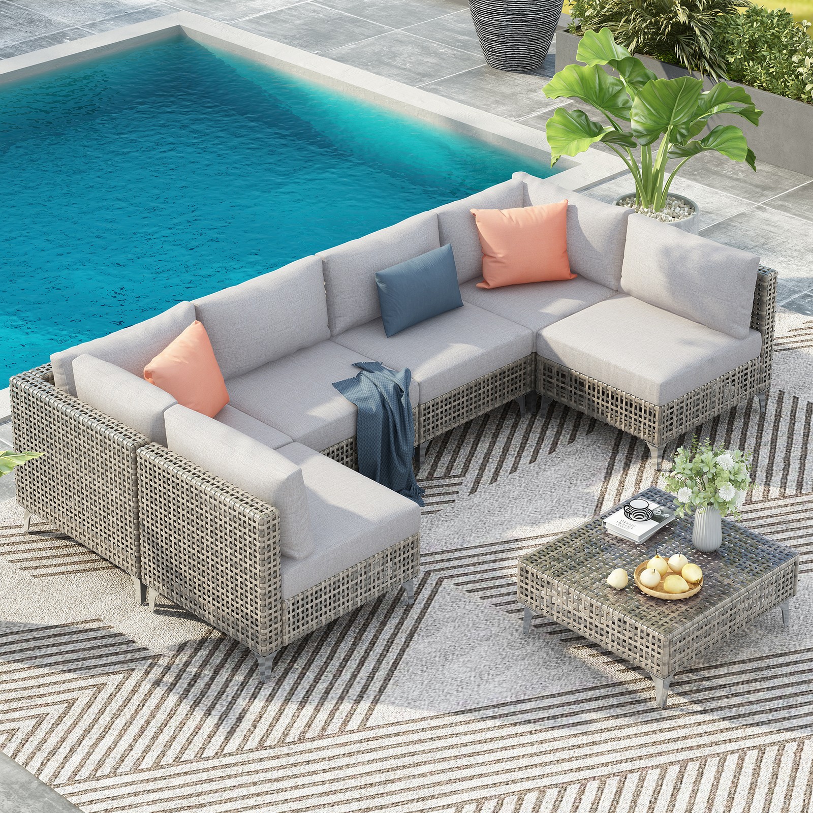 7-Piece Grey Wicker Patio Sectional Sofa Set with Cushions & Coffee Table
