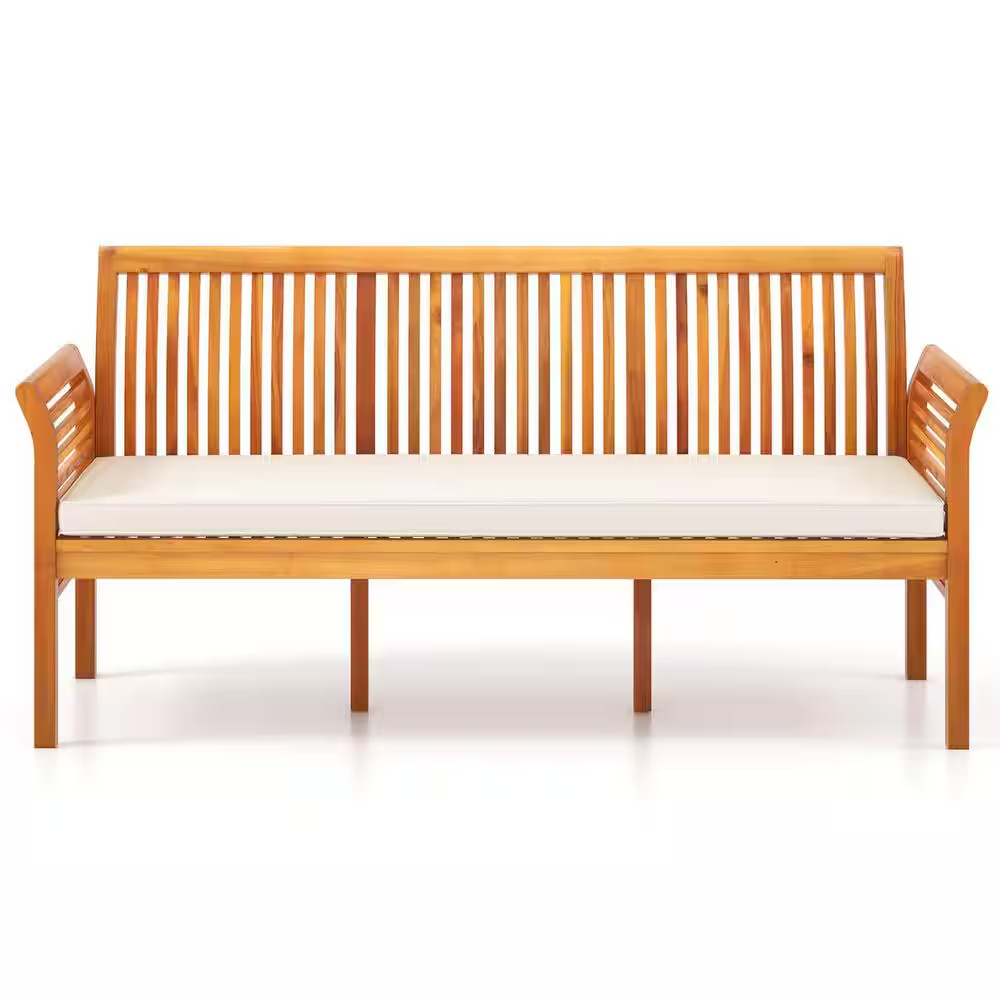 3-Person Wood Outdoor Garden Bench with High Backrest Curved Armrests and Seat C