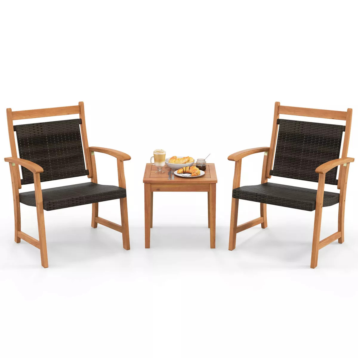 Costway 3PCS Patio Rattan Bistro Set Acacia Wood Frame Armrest Chairs Garden