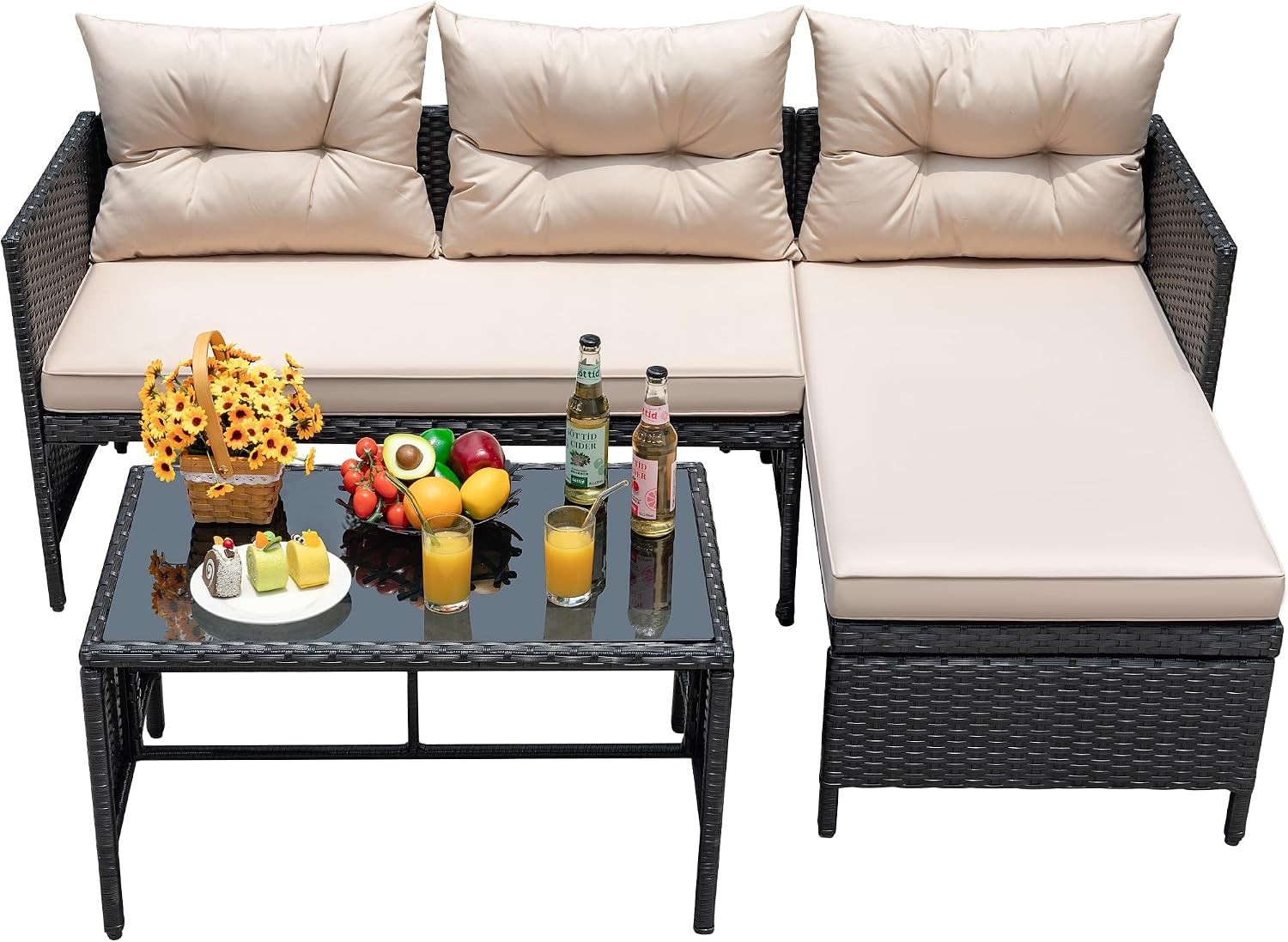 Outdoor Patio Furniture 3-Piece Rattan Waterproof Outdoor Sectional Sofa