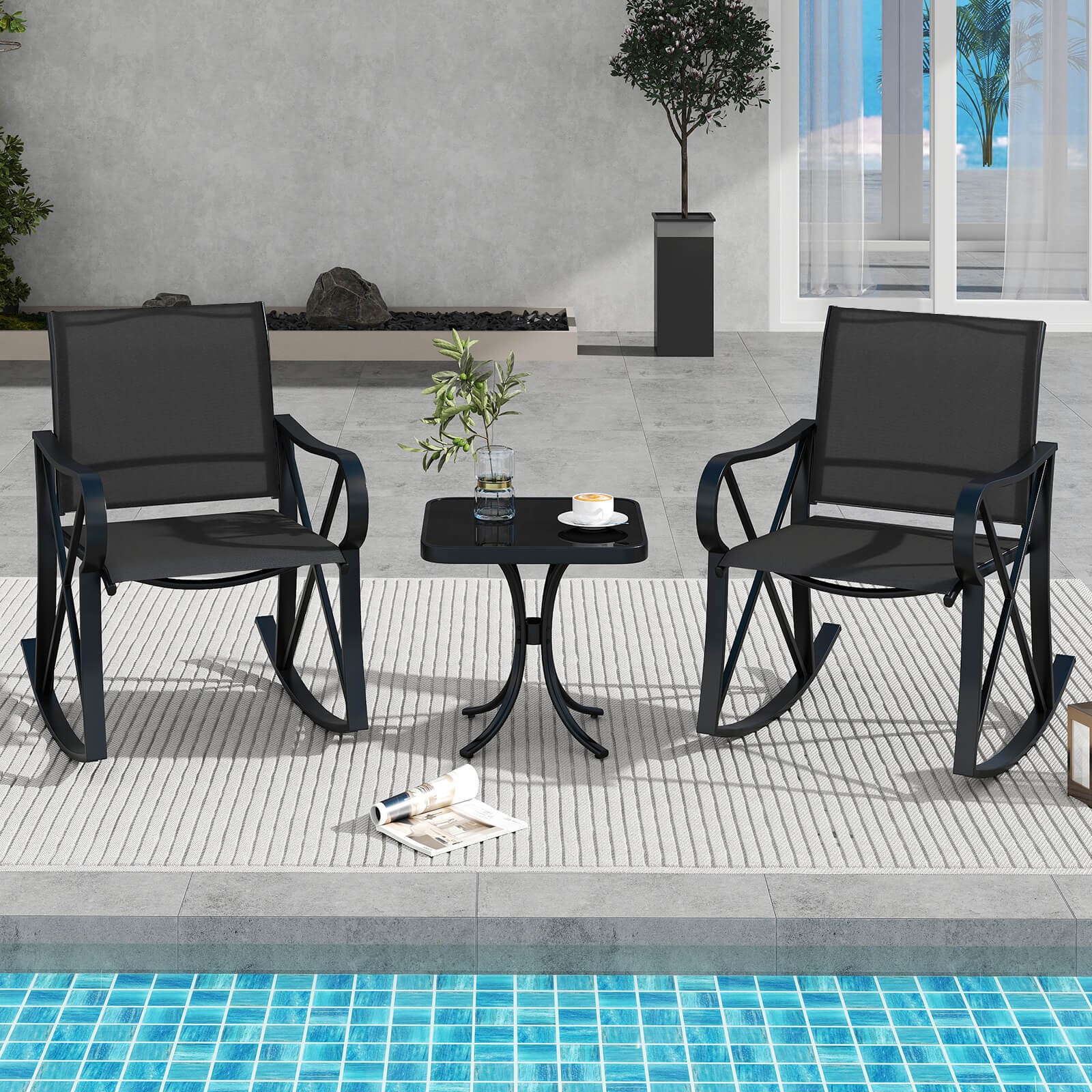 3 Piece Patio Rocking Set 2 Rocking Chairs w/ Tempered Glass Side Table Black