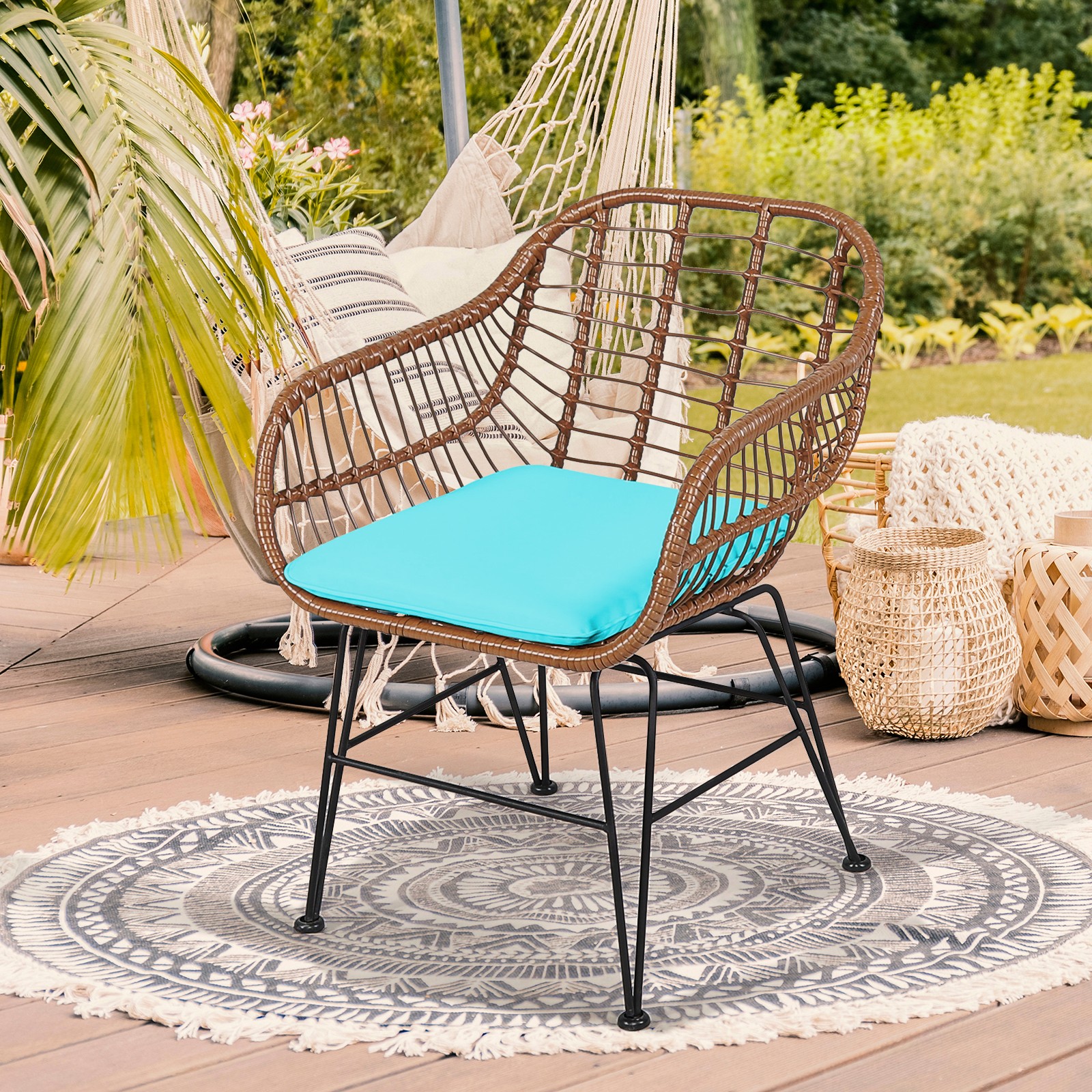 Costway 3PCS Patio Rattan Bistro Set Table Armchair Garden Turquoise Cushion