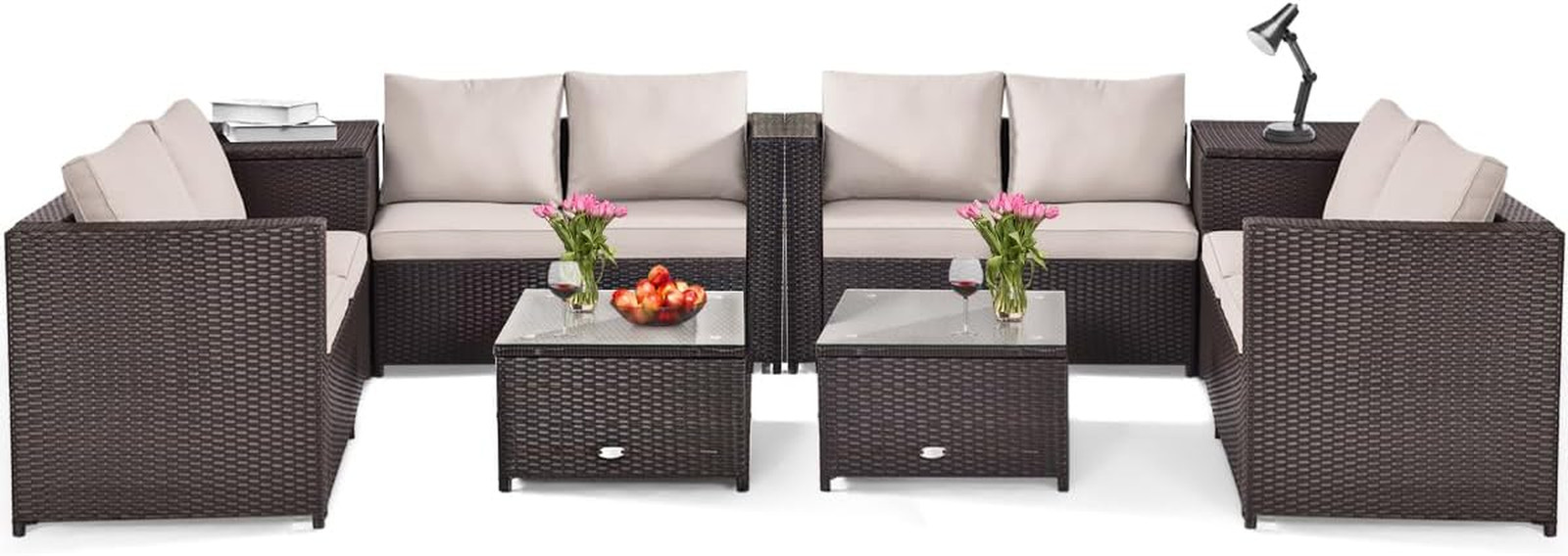 Light Brown 8-Piece Rattan Patio Set with Cushions & Coffee Table