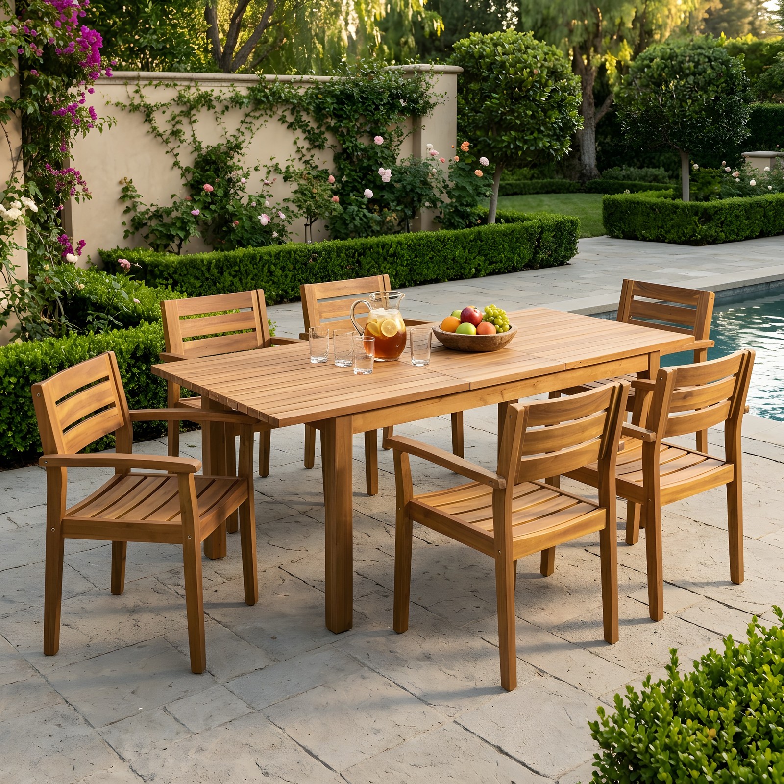 7-Piece Acacia Wood Outdoor Dining Set w/ 6 Chairs & 1 Large Table