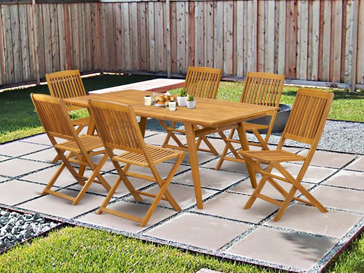 DECM7CWNA 7 Piece Patio Garden Table Set Consist of a Rectangle Outdoor Acacia W