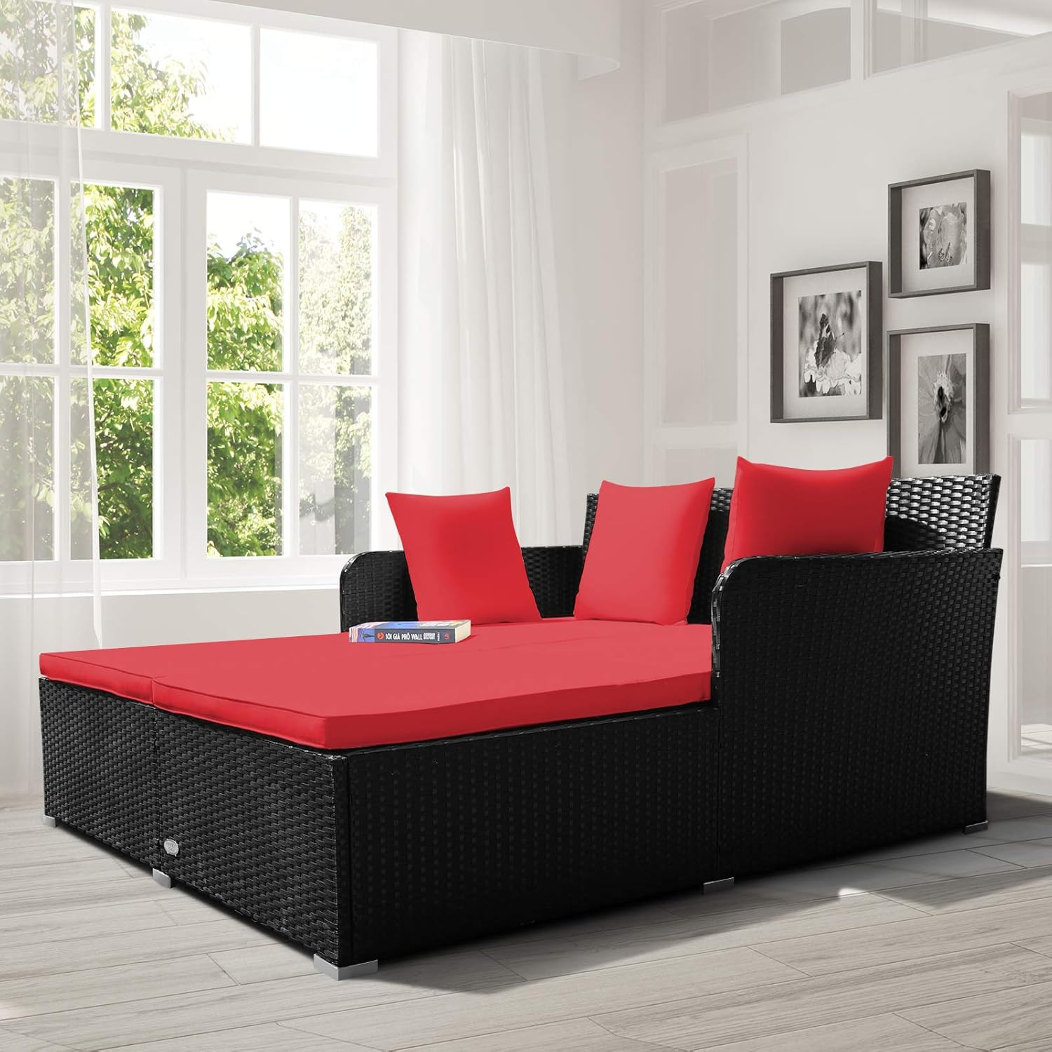 Outdoor Rattan Daybed, Sunbed Wicker Furniture W/Spacious Seat, Upholstered Cush
