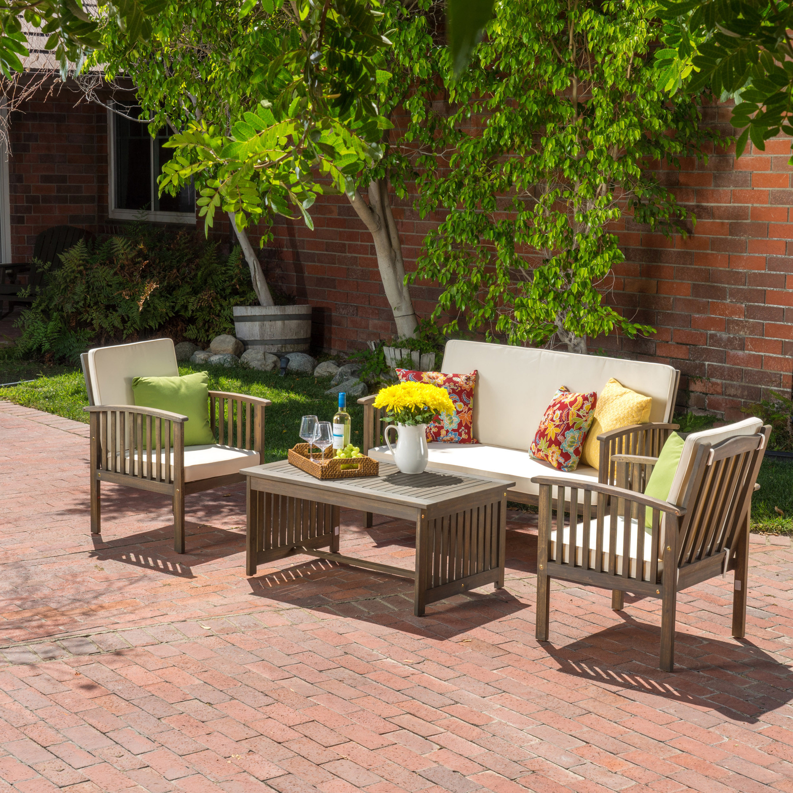 4 Pieces Wood Patio Furniture Set Outdoor Patio Conversation Set for Backyard