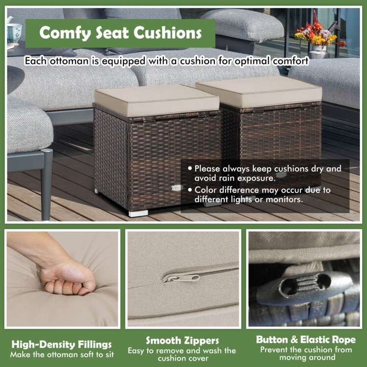2Pcs Outdoor Patio Ottomans Hand-Woven PE Wicker Footstools w/Removable Cushions