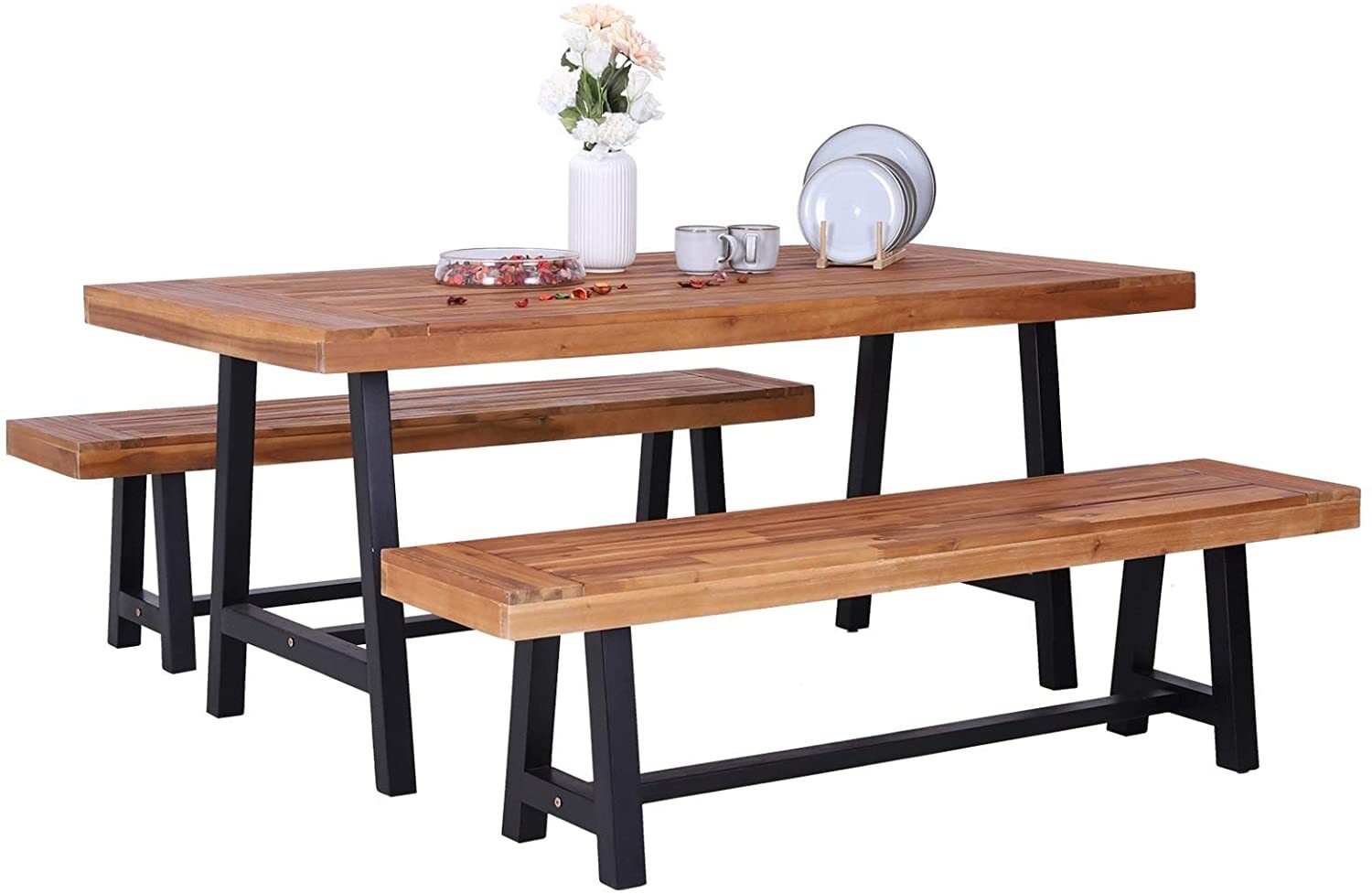 3Pcs Patio Dining Set Outdoor Dining Table & Bench Chair Set Acacia Wood Chairs