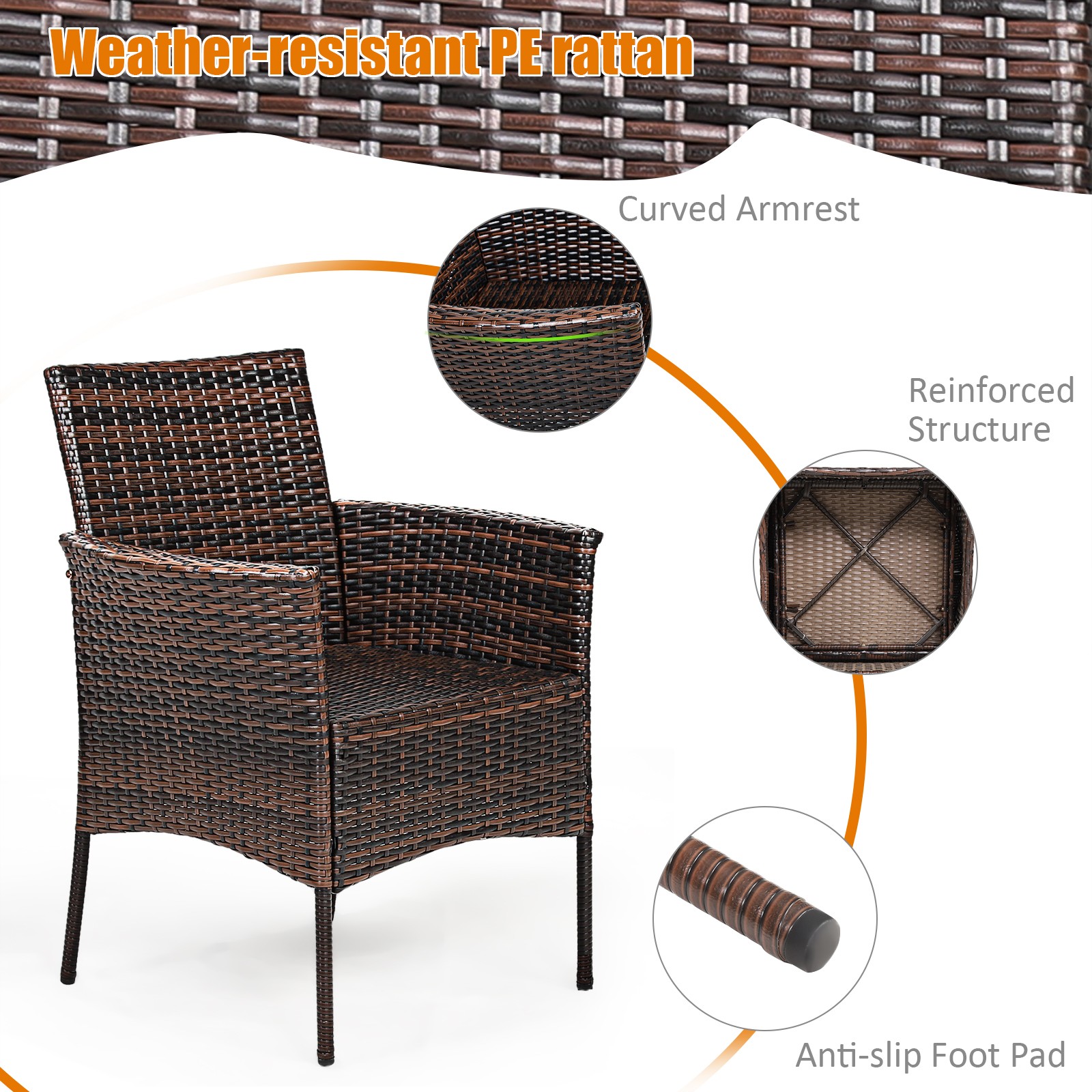 Patiojoy 2 PCS Patio Rattan Arm Dining Chair Cushioned Sofa Furniture Brown