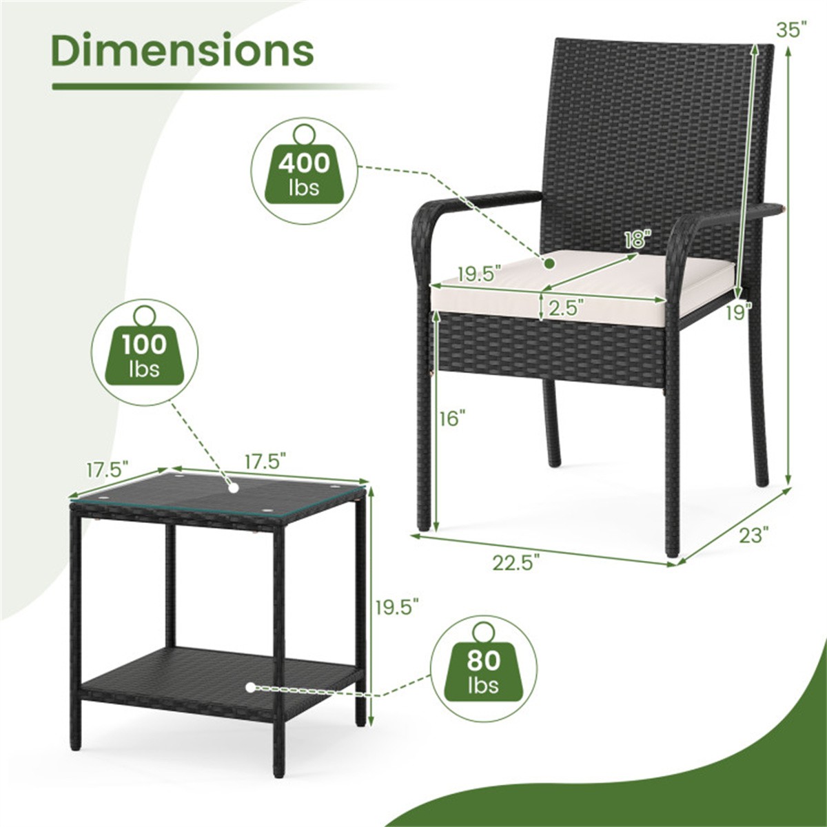 3-Piece Patio PE Wicker Bistro Set 2-Tier Side Table Outdoor Chair Set