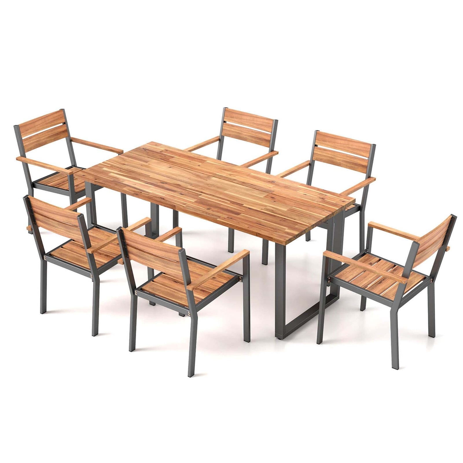 Costway 7 PCS Acacia Wood Patio Dining Set 6 Armchairs and 63″ Table – See