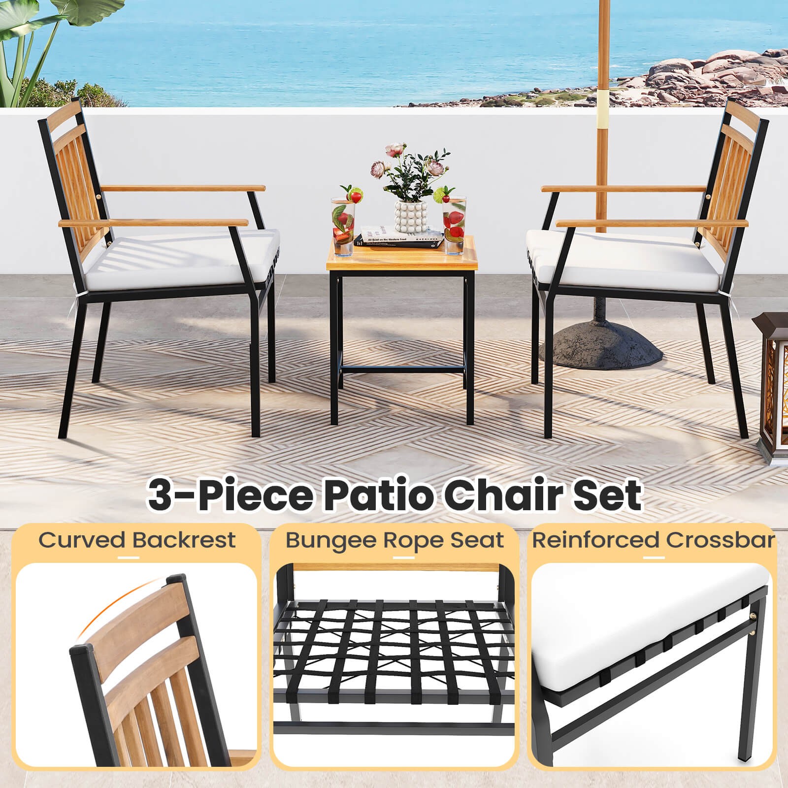Outdoor 3 PCS Furniture Set w/ Coffee Table Heavy-Duty Metal Frame for Balcony