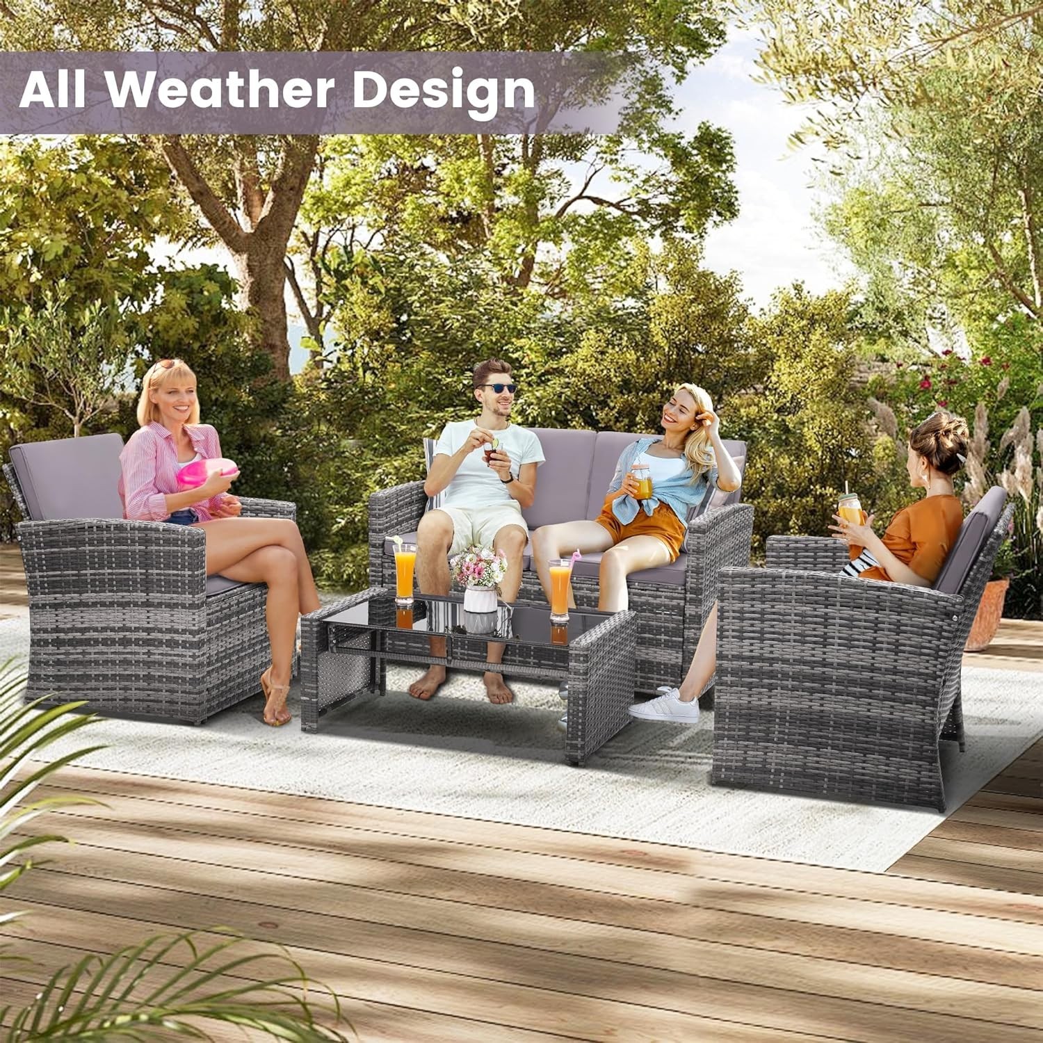 Elegant 4-Piece Light Grey Rattan Patio Conversation Set for Outdoor Living