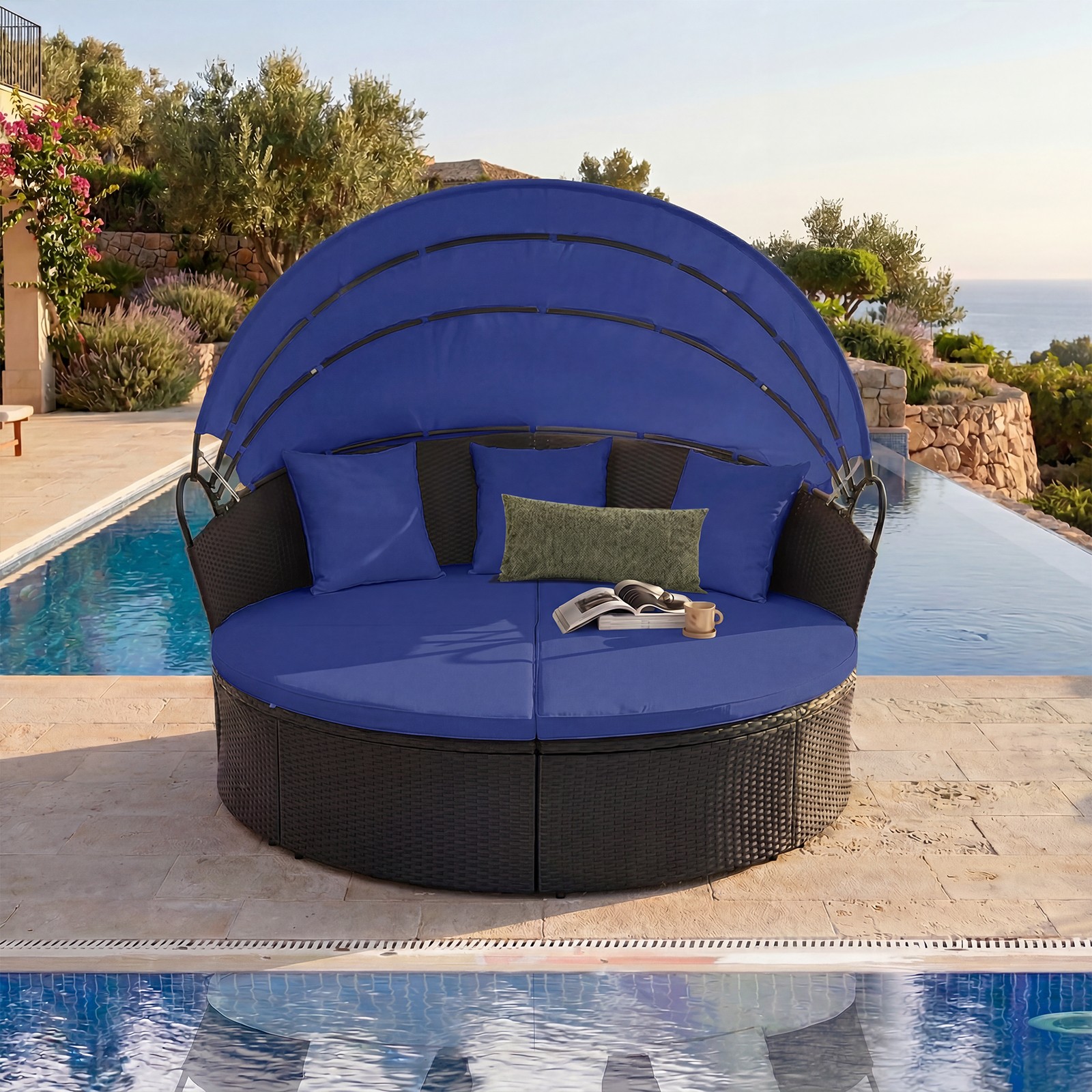 Outdoor Patio Round Daybed w/Retractable Canopy Cushions Throw Pillows for Lawn