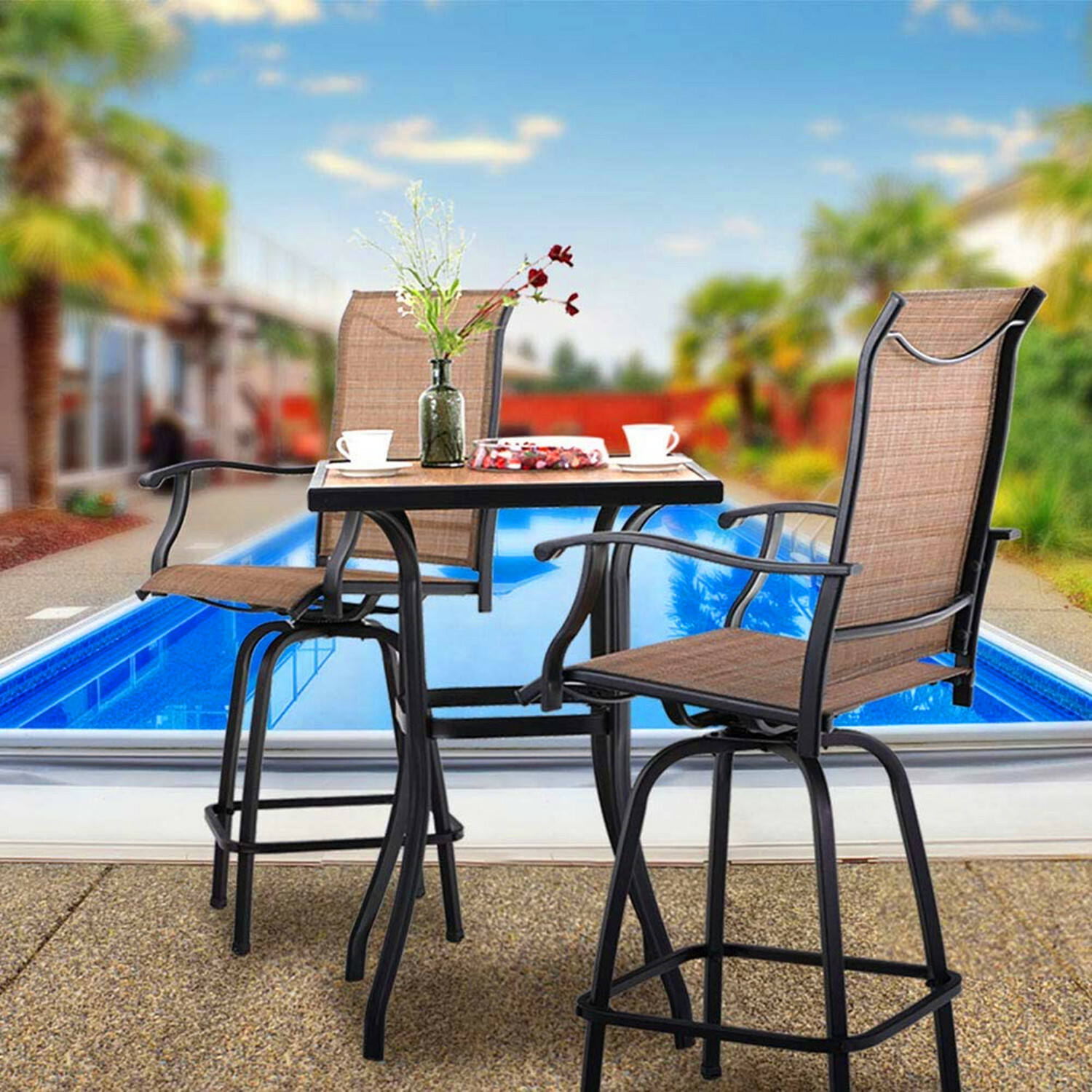 Patio Bar Table Chair Set Swivel Bar Height Chair Bar Chairs Outdoor Stools 5PCS