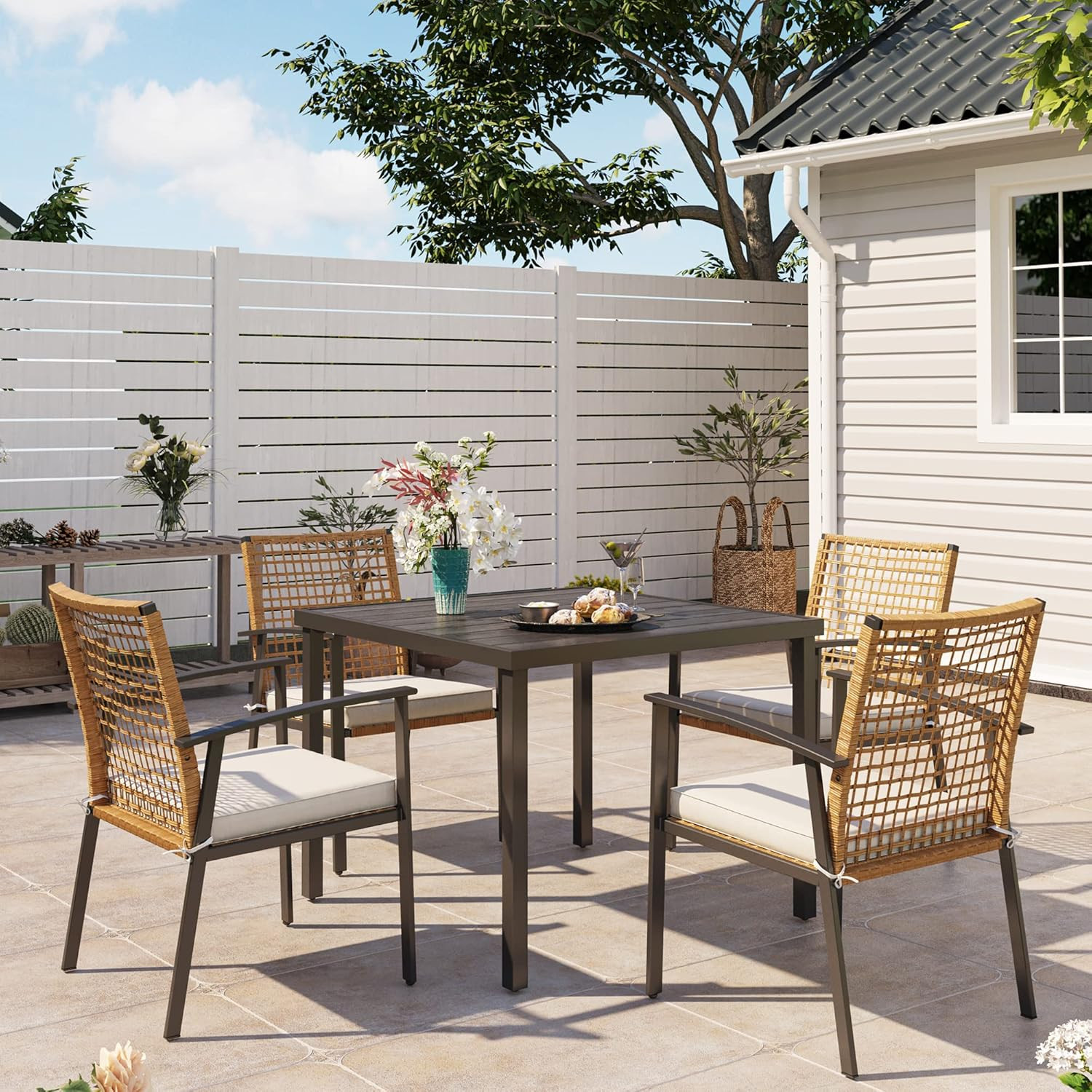 LAUSAINT HOME 5 Pieces Outdoor Patio Dining Set, Wicker Patio Furniture Set of 4