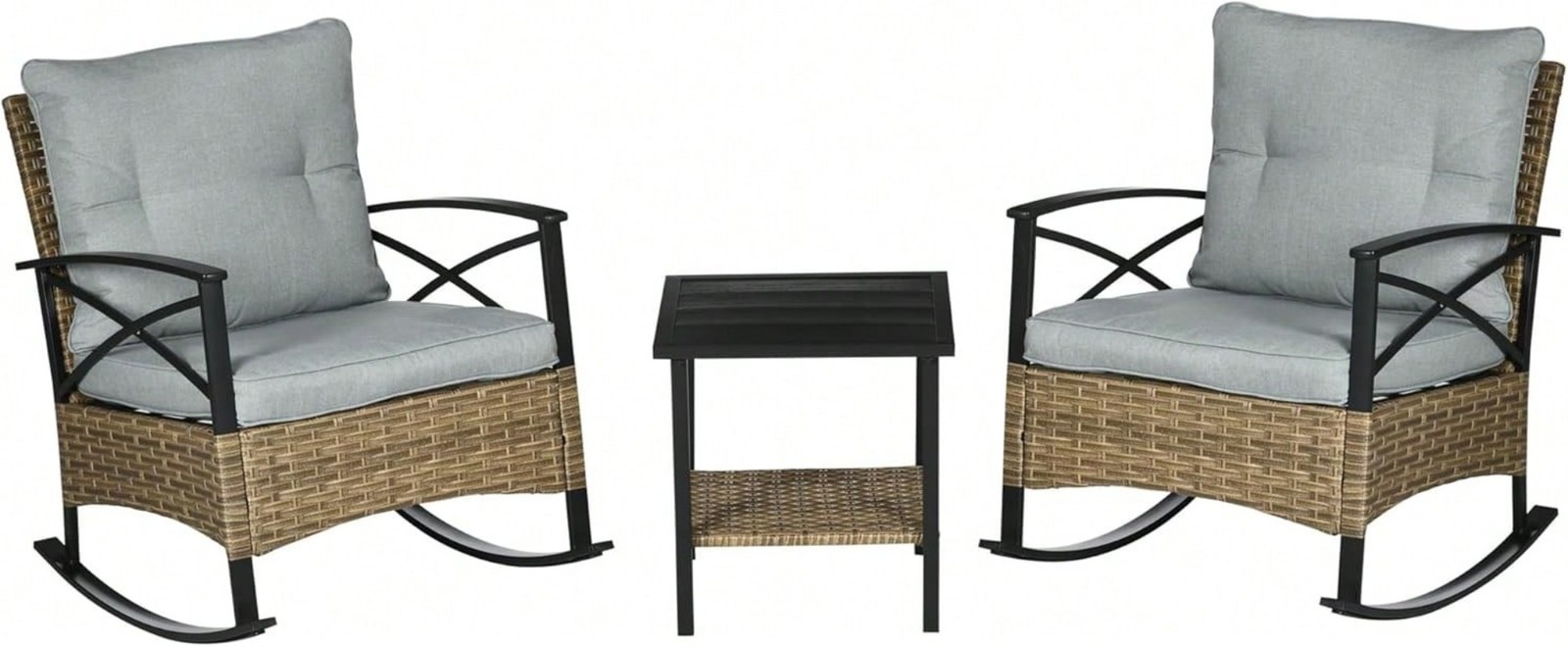 3 Piece Patio Rocking Chair Set Wicker Bistro Set with 2 Cushioned Porch Rockers