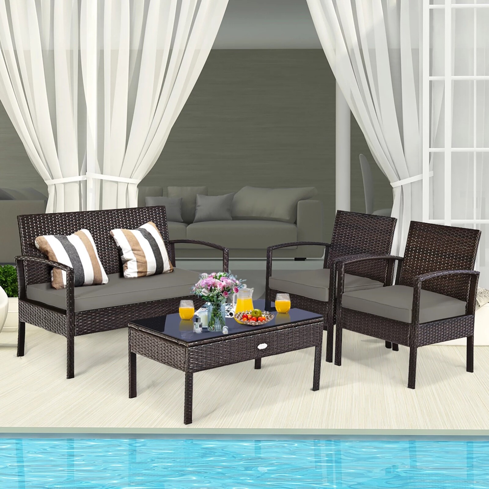 Costway 4PCS Patio Rattan Wicker Furniture Set Brown Loveseat Sofa Cushioned Gar