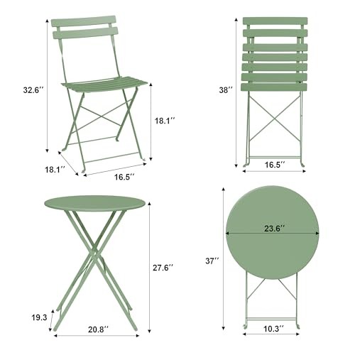 Bistro Table and Chairs Set of 2, 3 Piece Outdoor/Indoor Folding Patio Green