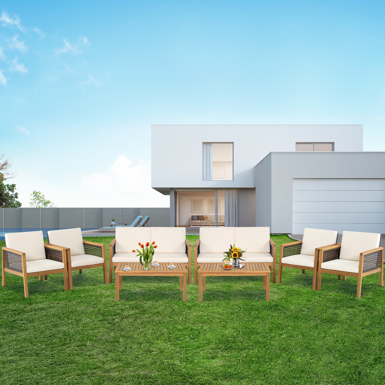 8PCS Patio Acacia Wood Furniture Set PE Rattan Conversation Set w/ Off White