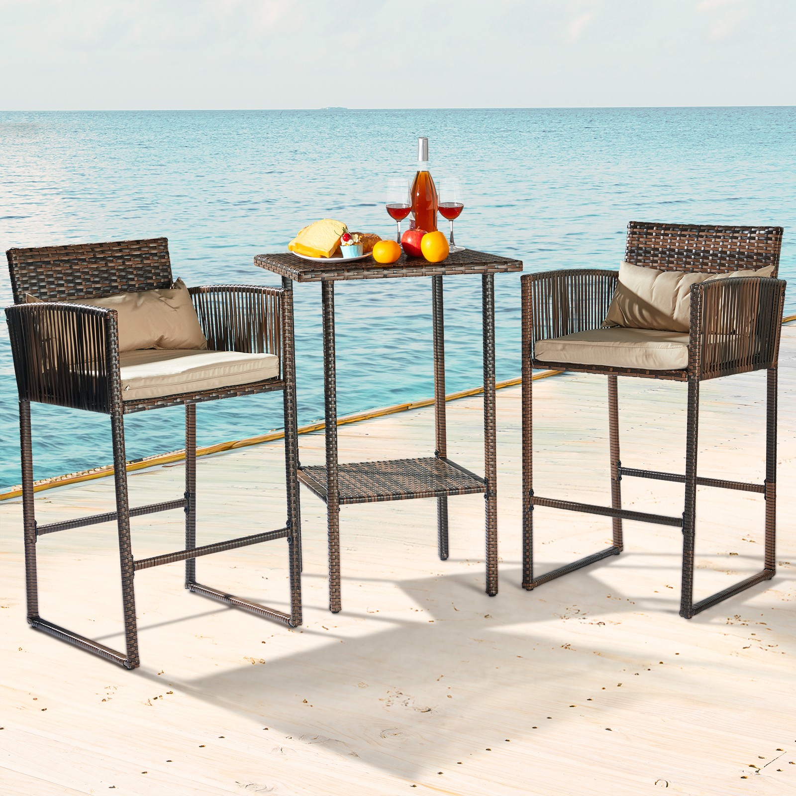 3-Piece Patio Bar Set w/ Cushions, 2 Bar Stools & Table, Brown Rattan