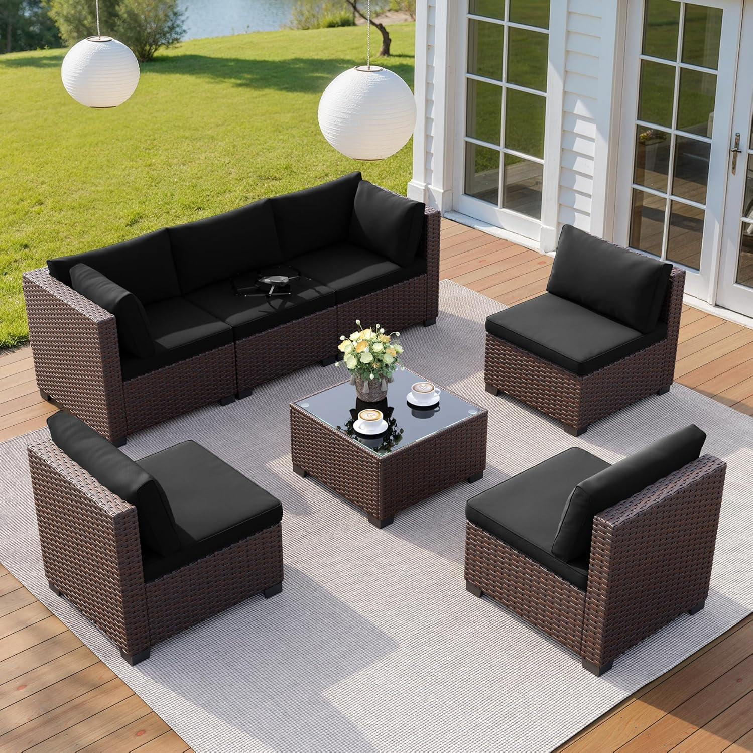 7 Pieces Outdoor Patio Furniture Set, All-Weather PE Rattan Outdoor Patio Sectio