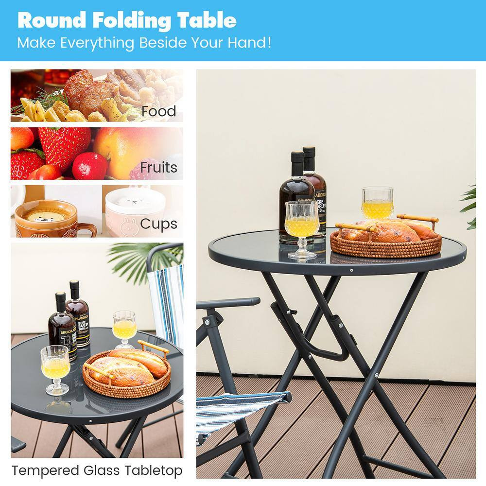 3-Piece Metal Folding Chair Set with 2 Chairs and Glass round Coffee Table Porch