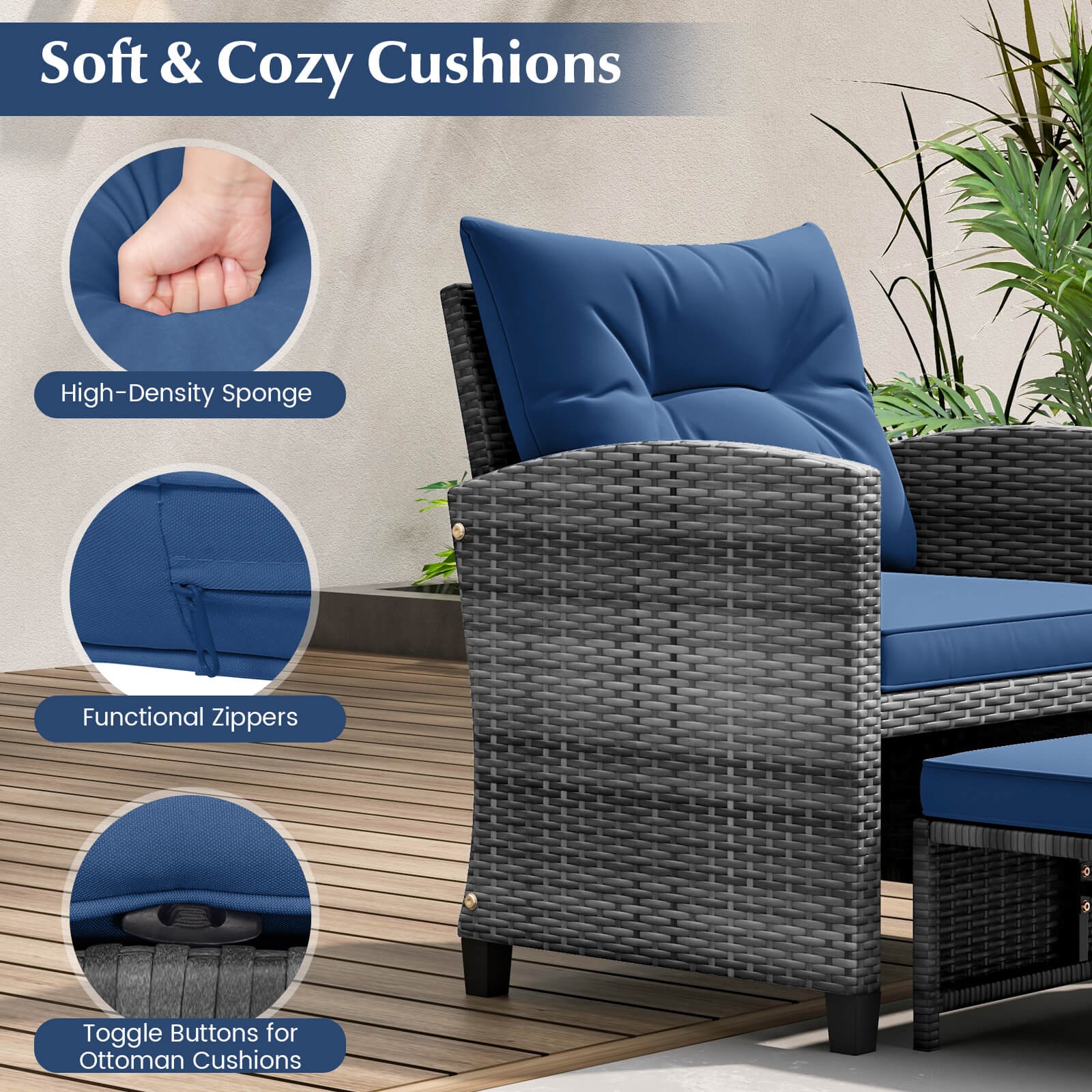 Patio 5 Piece Rattan Furniture w/ 2 Ottomans & Tempered Glass Coffee Table