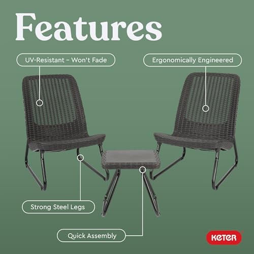 Keter Rio 3 Piece Resin Wicker Patio Furniture Set with Side Table Dark Grey
