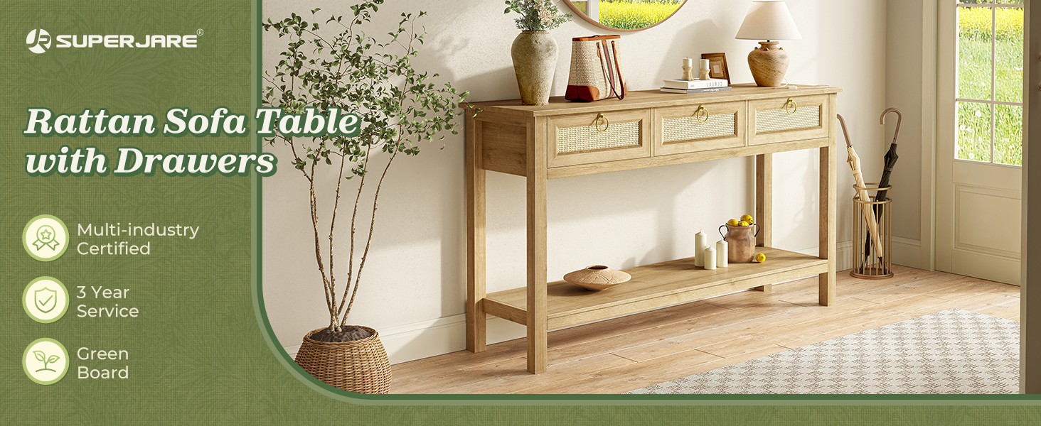 Rattan Console Sofa Table with Outlets and USB-C Port, 3 Der