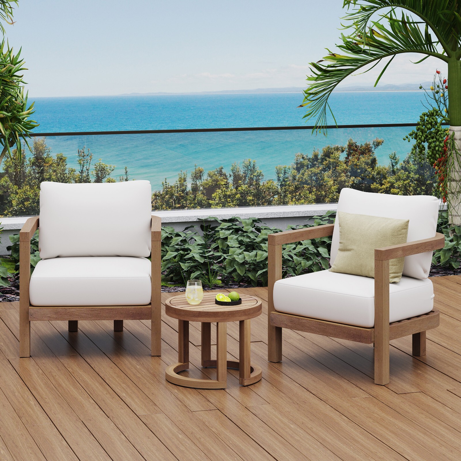 Outdoor Acacia Wood 3 Piece Chat Set with Cushions, Beige and Brown Wash