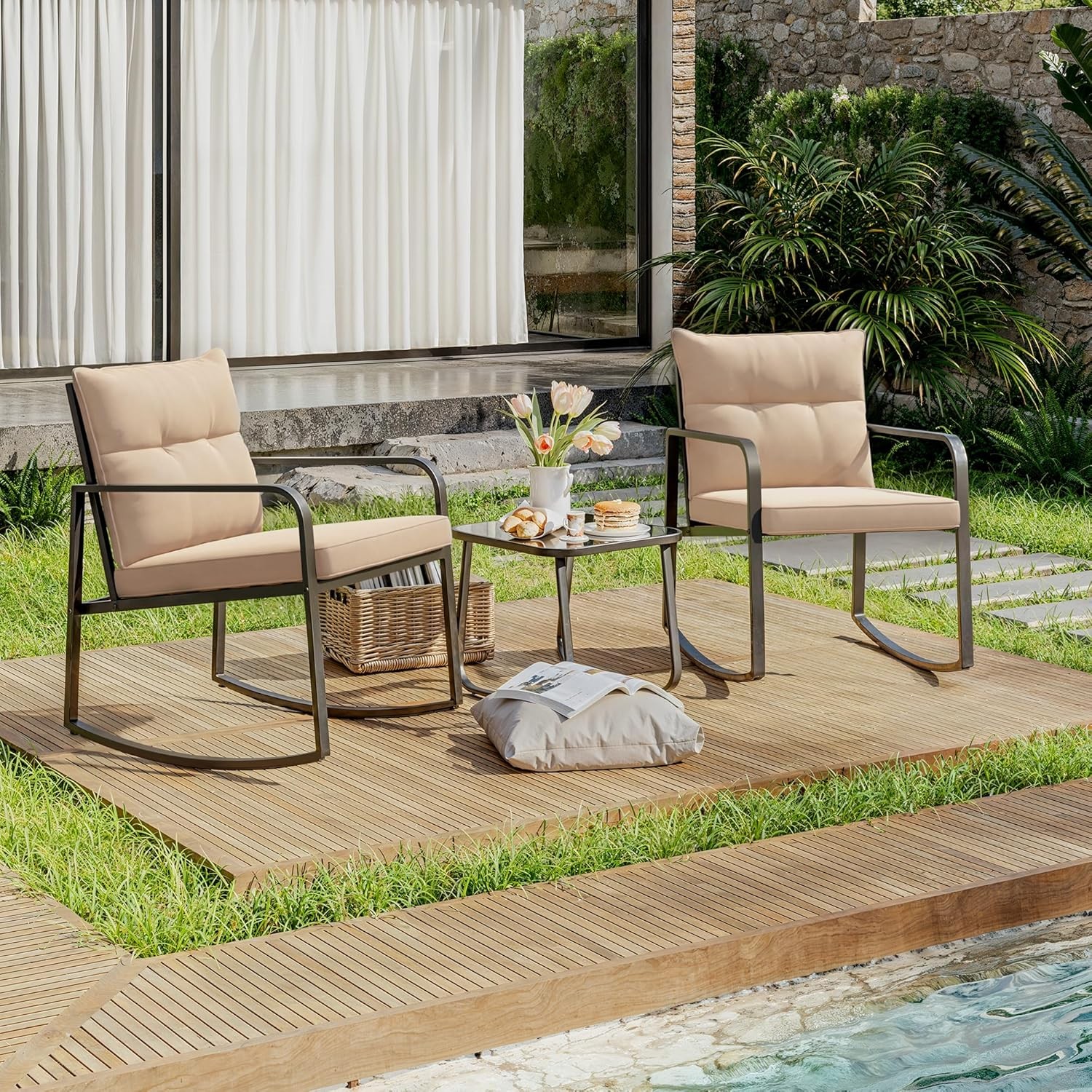 3 Piece Rocking Bistro Set, Black Steel Patio Furniture, Porch Chairs