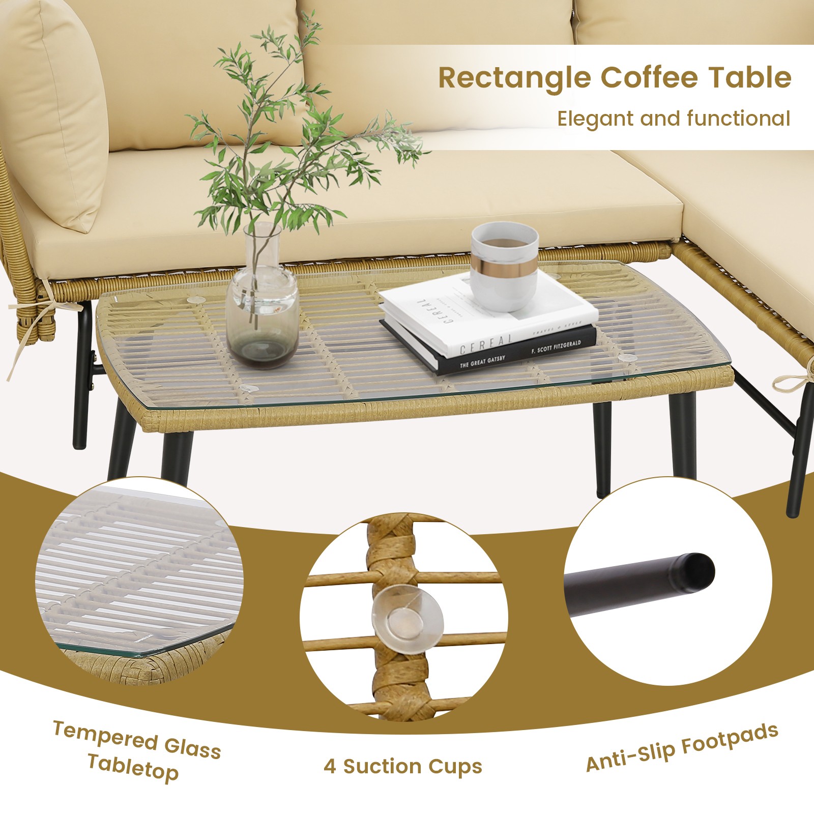3 PCS L-Shaped Patio Sofa Set Conversation Furniture with Cushions Deck Garden