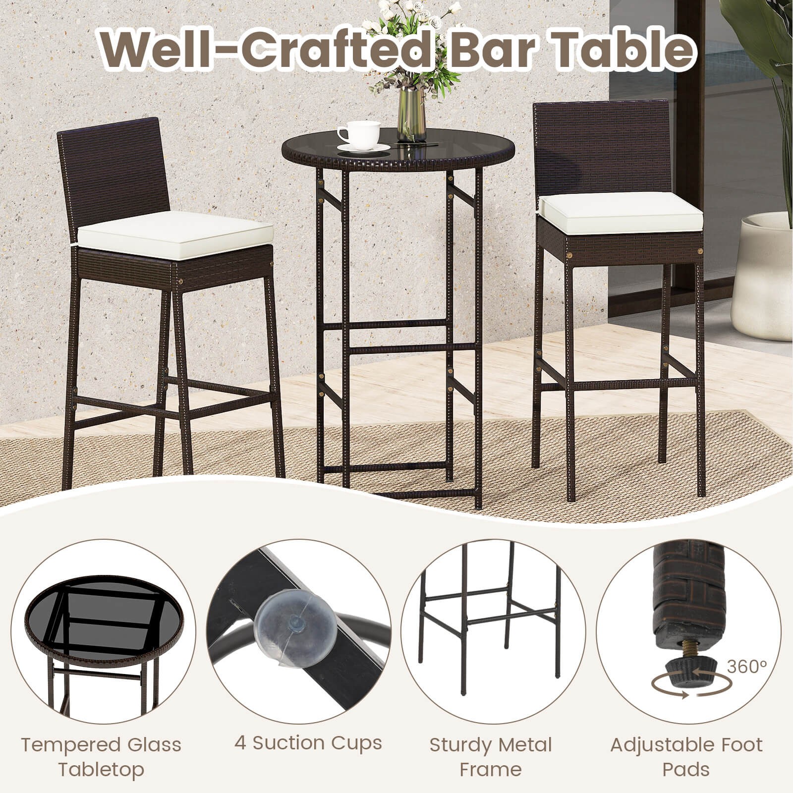 3 Piece Outdoor Bar Set Patio Rattan Bar Height Table & Chairs w/ Glass Tabletop