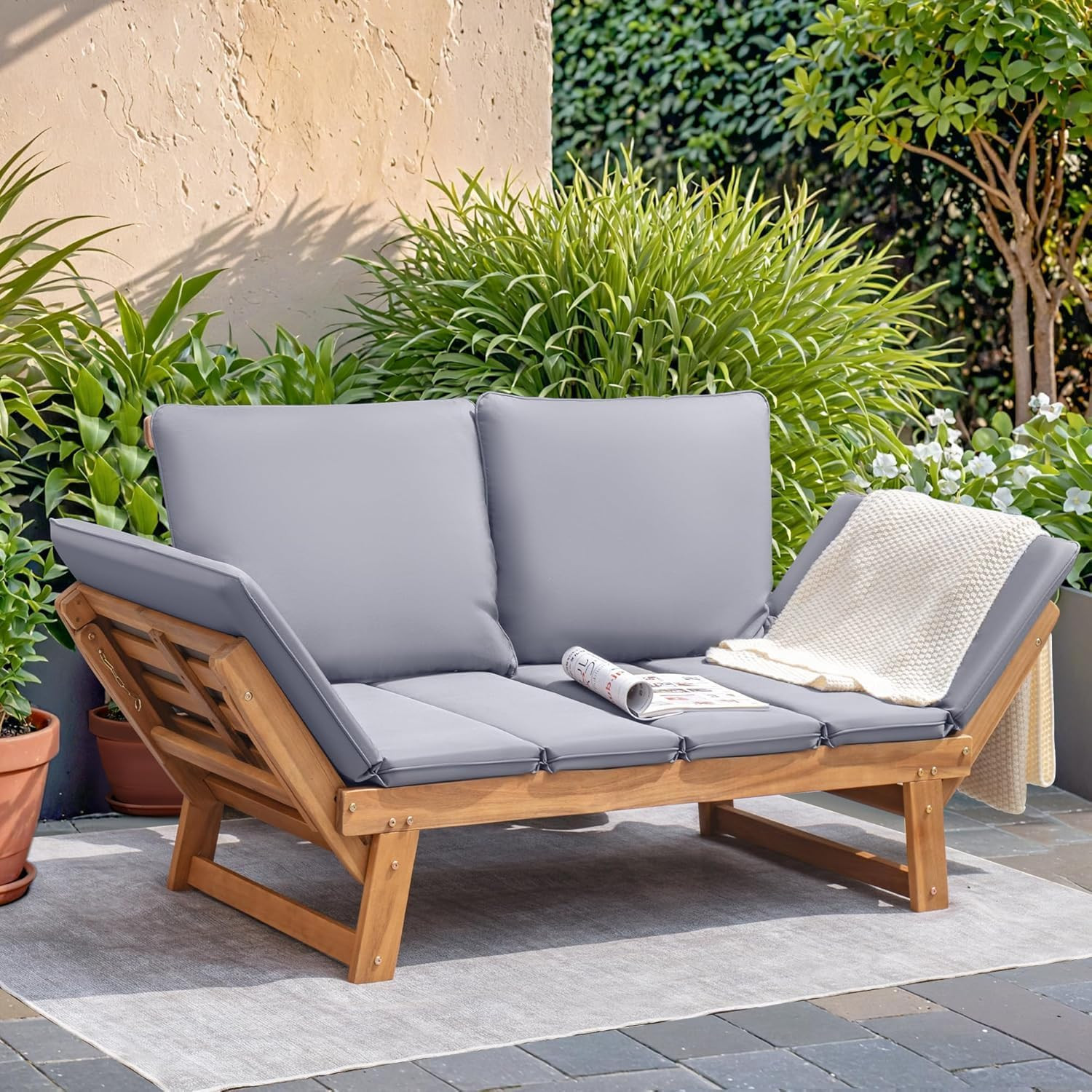 Devoko Outdoor Couch Acacia Wood Patio Couch with Adjustable Armrests, Outdoor C