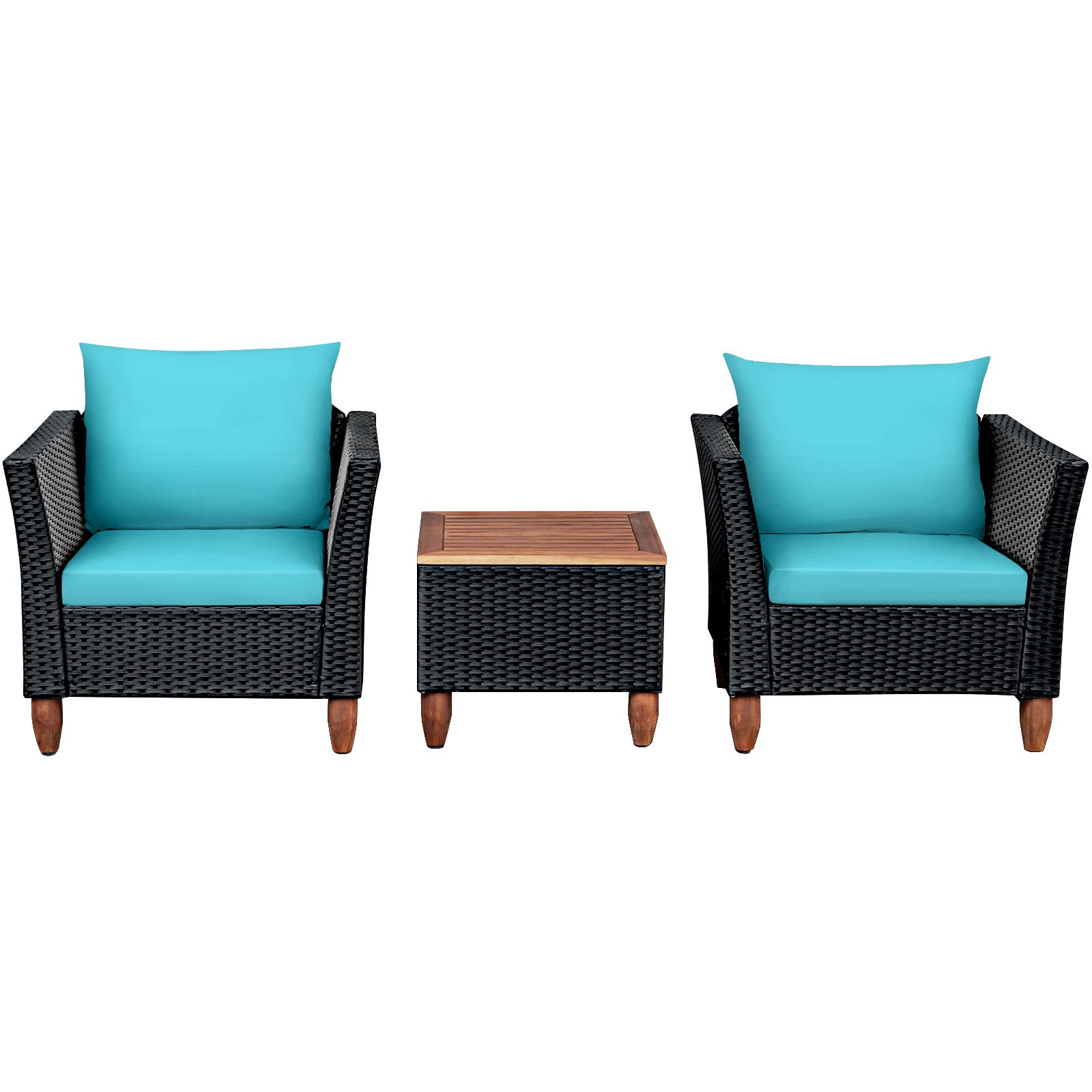 3PCS Patio Rattan Furniture Set Wooden Table Cushioned Sofa Turquoise