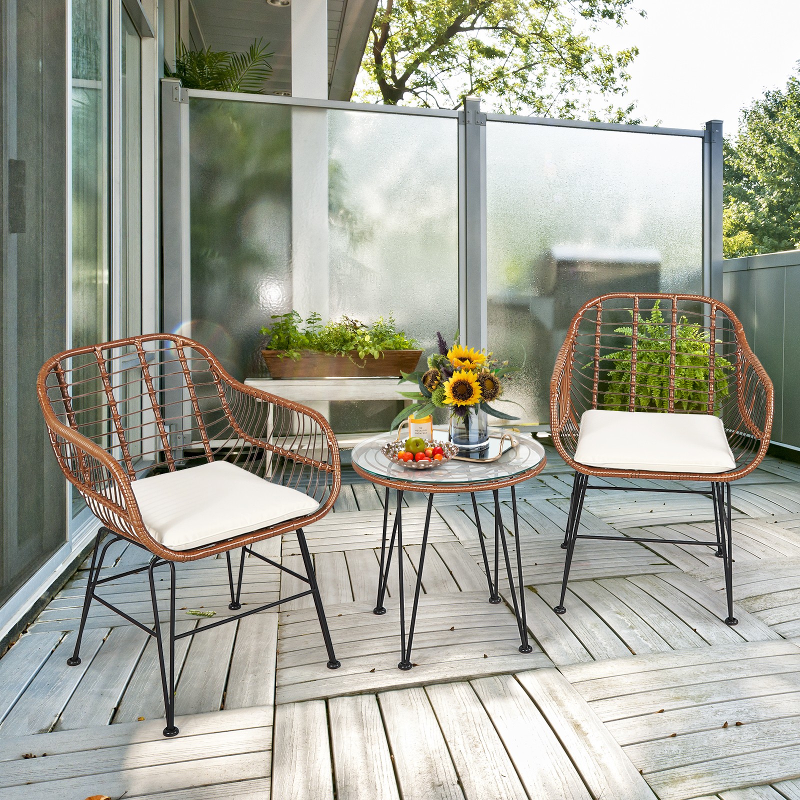 Patiojoy 3PCS Patio Rattan Bistro Set Coffee Table Armchair Garden Beige Cushion