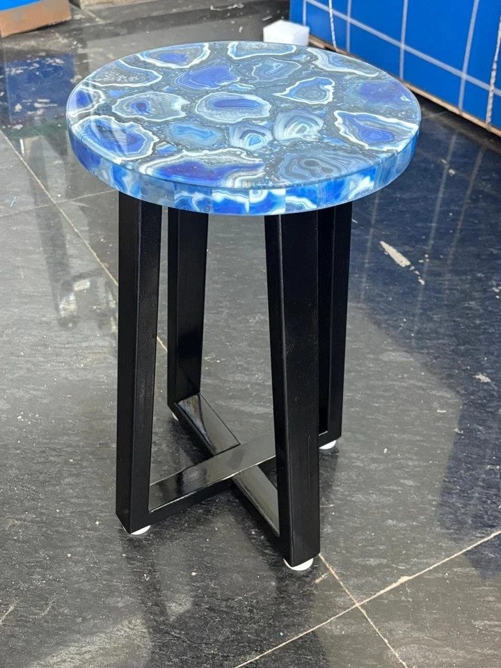 Blue Agate Corner Table Top – Natural Stone Luxury Side Table, Handmade Gemstone