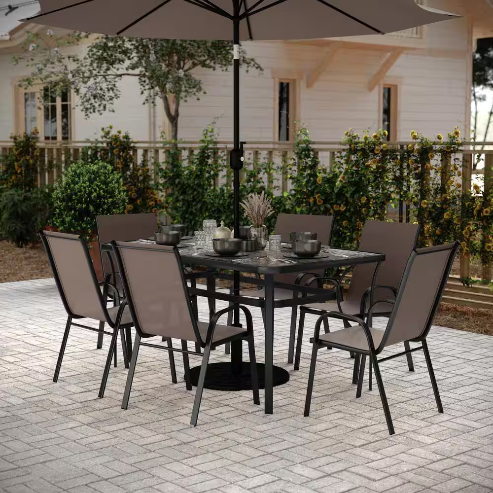 Black 7-Piece Metal Rectangle Outdoor Dining Set