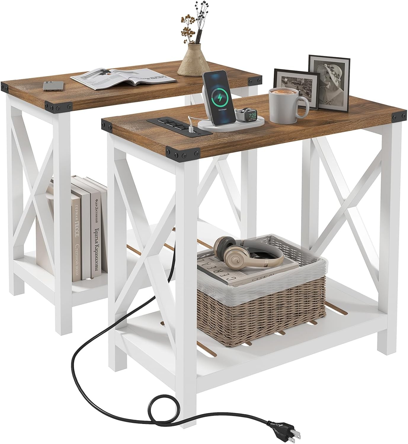 Farmhouse End Tables Living Room Set of 2, Narrow Side Table with