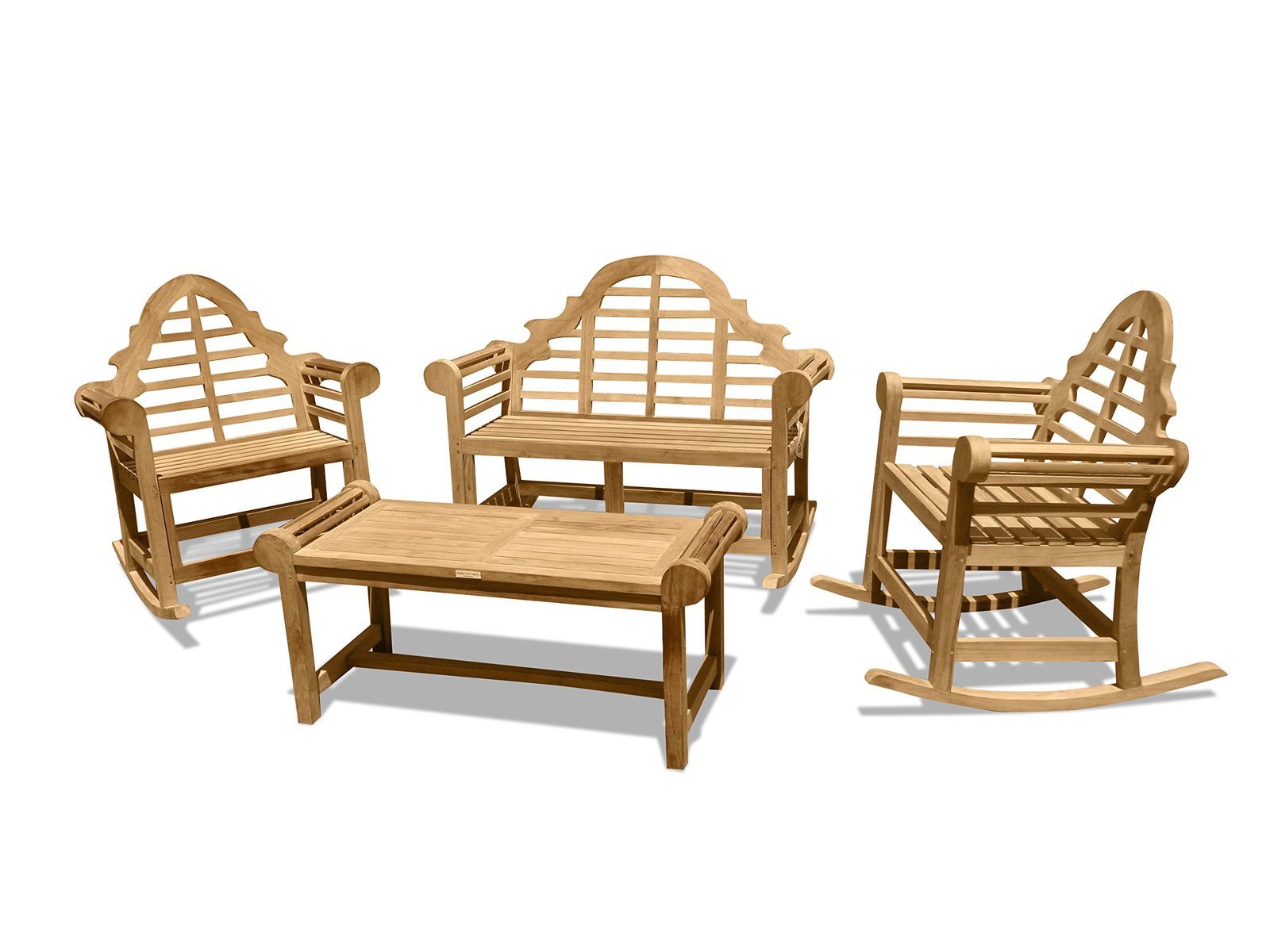 Windsor’s Genuine Grade A Teak Lutyens Rocking Bench, 2 Single Rockers, & Table