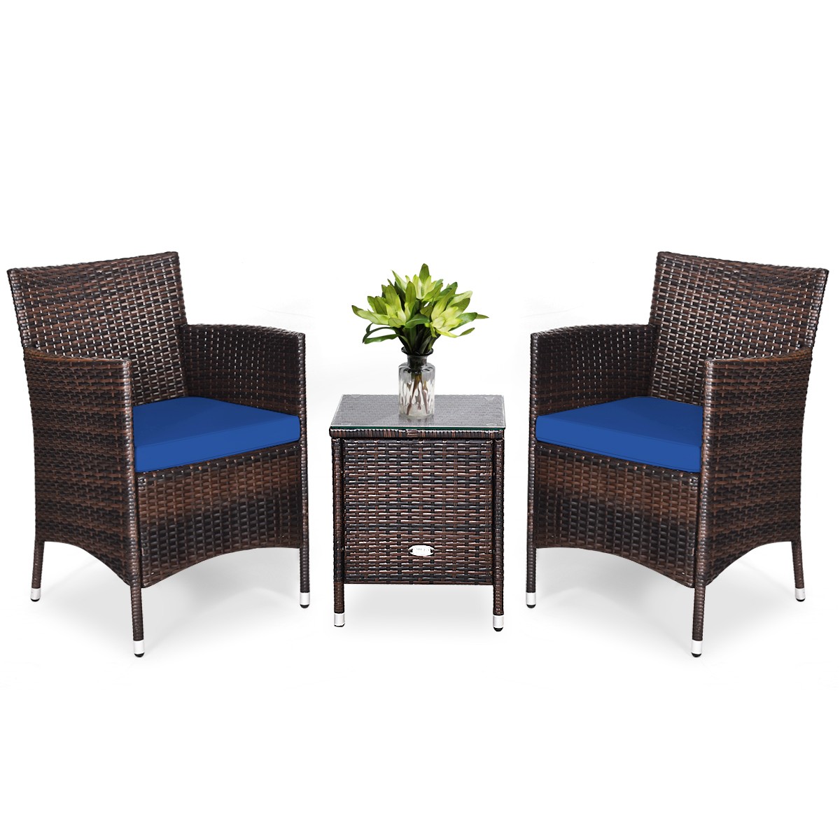 Outdoor 3 PCS Rattan Wicker Furniture Sets Chairs Coffee Table Garden Navy