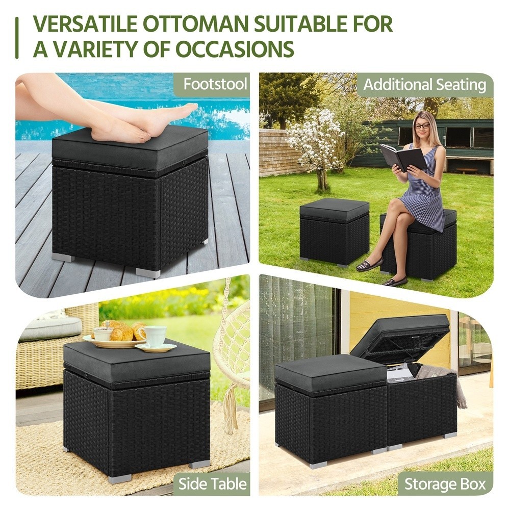 Wicker Patio Storage Ottomans with Cushions, Set of 2, Black/Gray