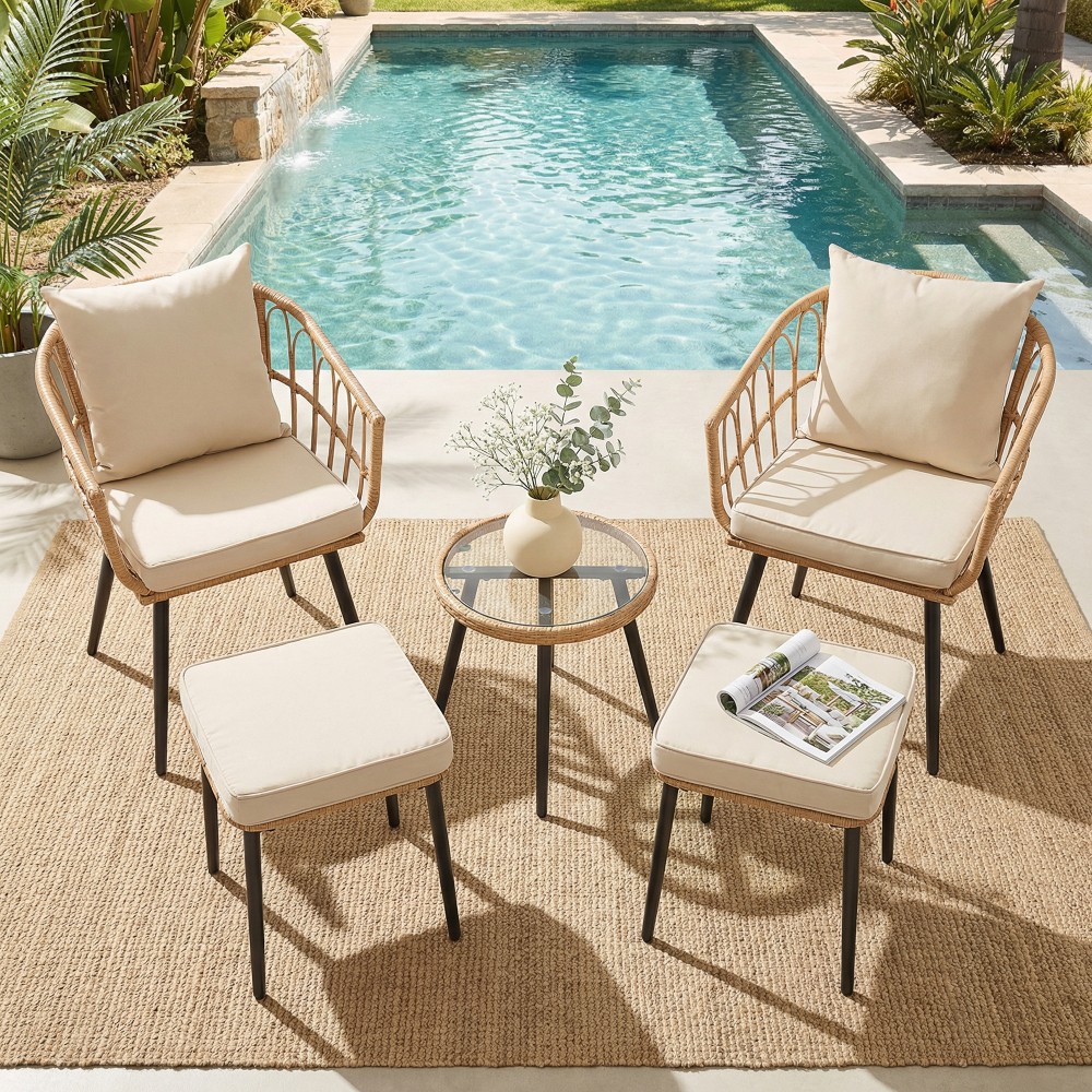 5-Piece Patio Bistro Set–All-Weather PE Rattan Chairs with Ottoman&Coffee Table